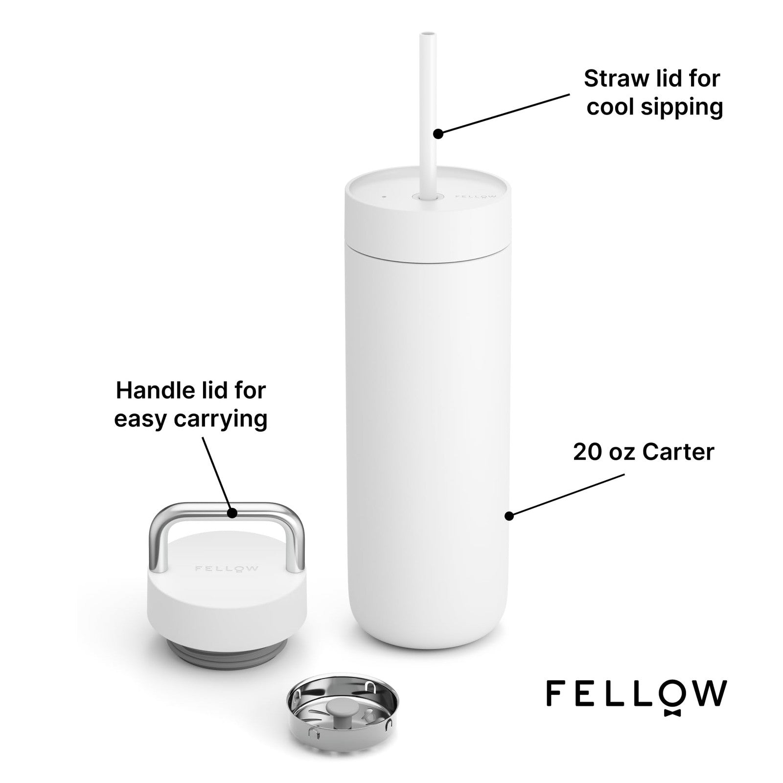 Fellow 20 oz Carter water bottle with leak-proof lid and metal handle, shown with two lids for daily hydration and durability.