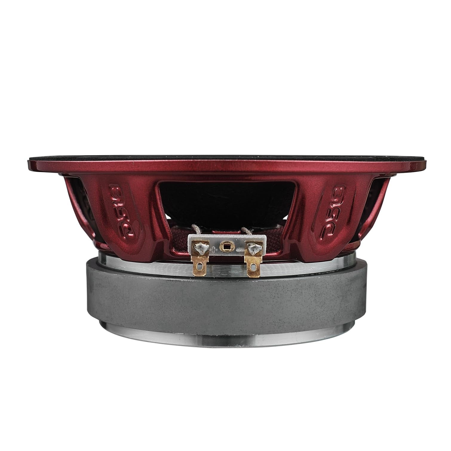 DS18 Pro-X6.4M 6.5-inch midrange loudspeaker with red aluminum bullet design, 500W max, 250W RMS power, mounted for audio clarity