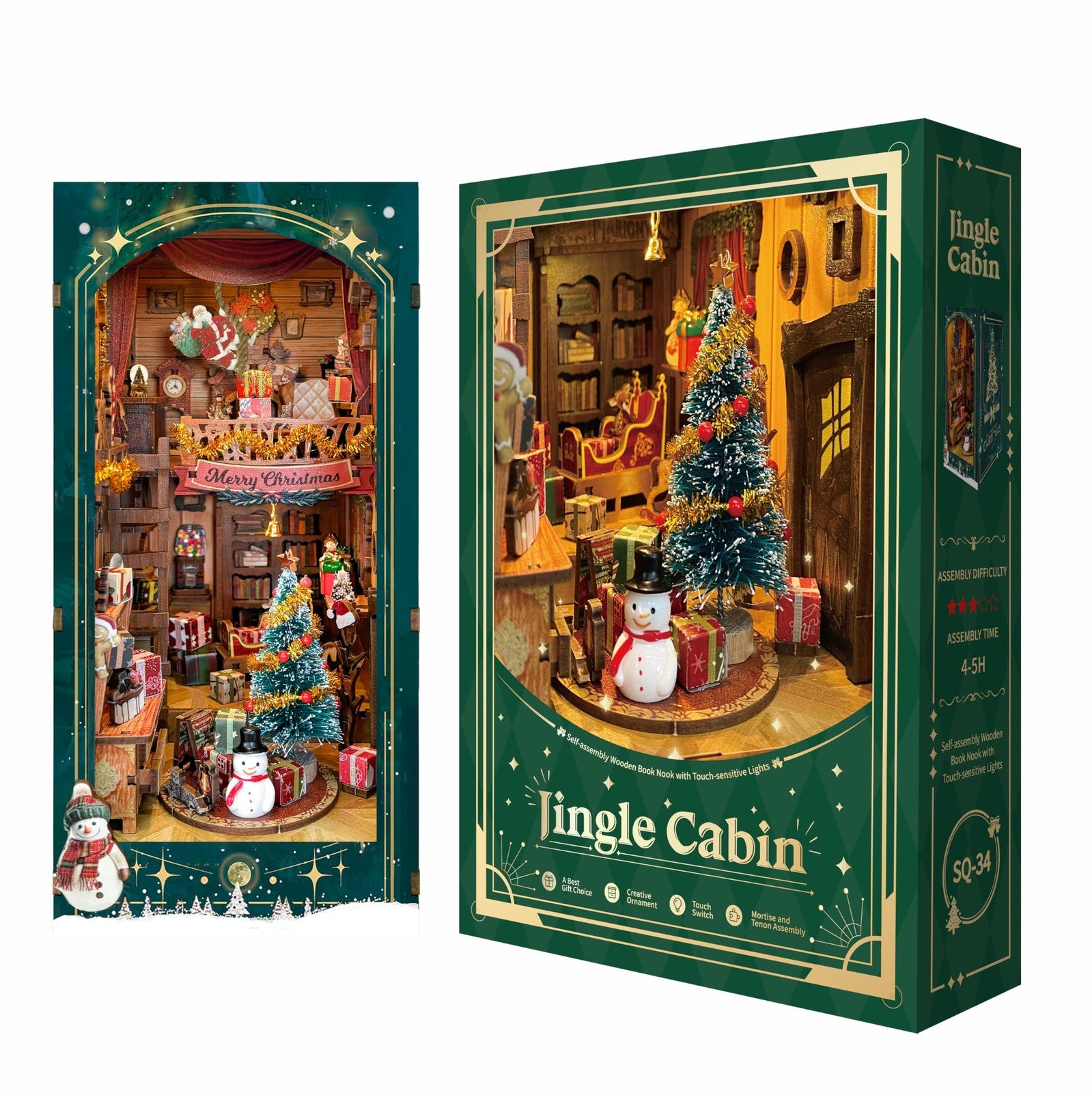 Strucwood Christmas Book Nook Kit with LED light featuring 3D wooden puzzle design for festive holiday decor.