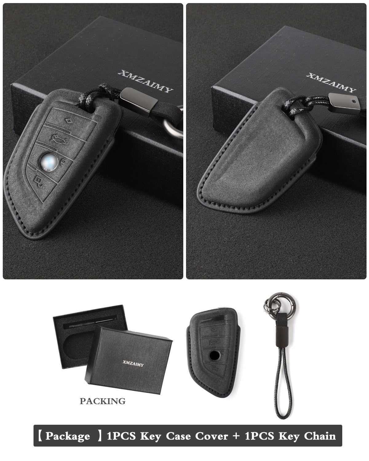 BMW key fob cover by XMZAIMY with attached keychain, designed for 3, 5, 6, 7 Series and X1, X2, X3, X5, X6 models.