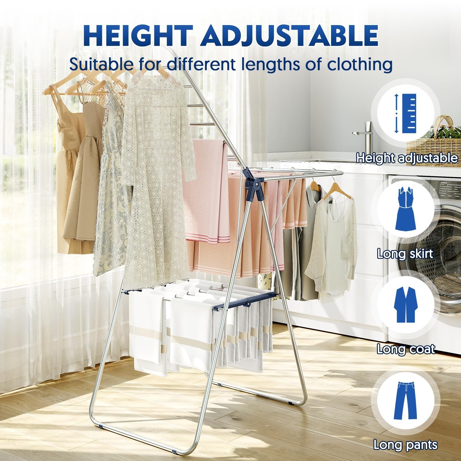 Stainless steel APEXCHASER clothes drying rack with adjustable height and multiple bars for hanging laundry.