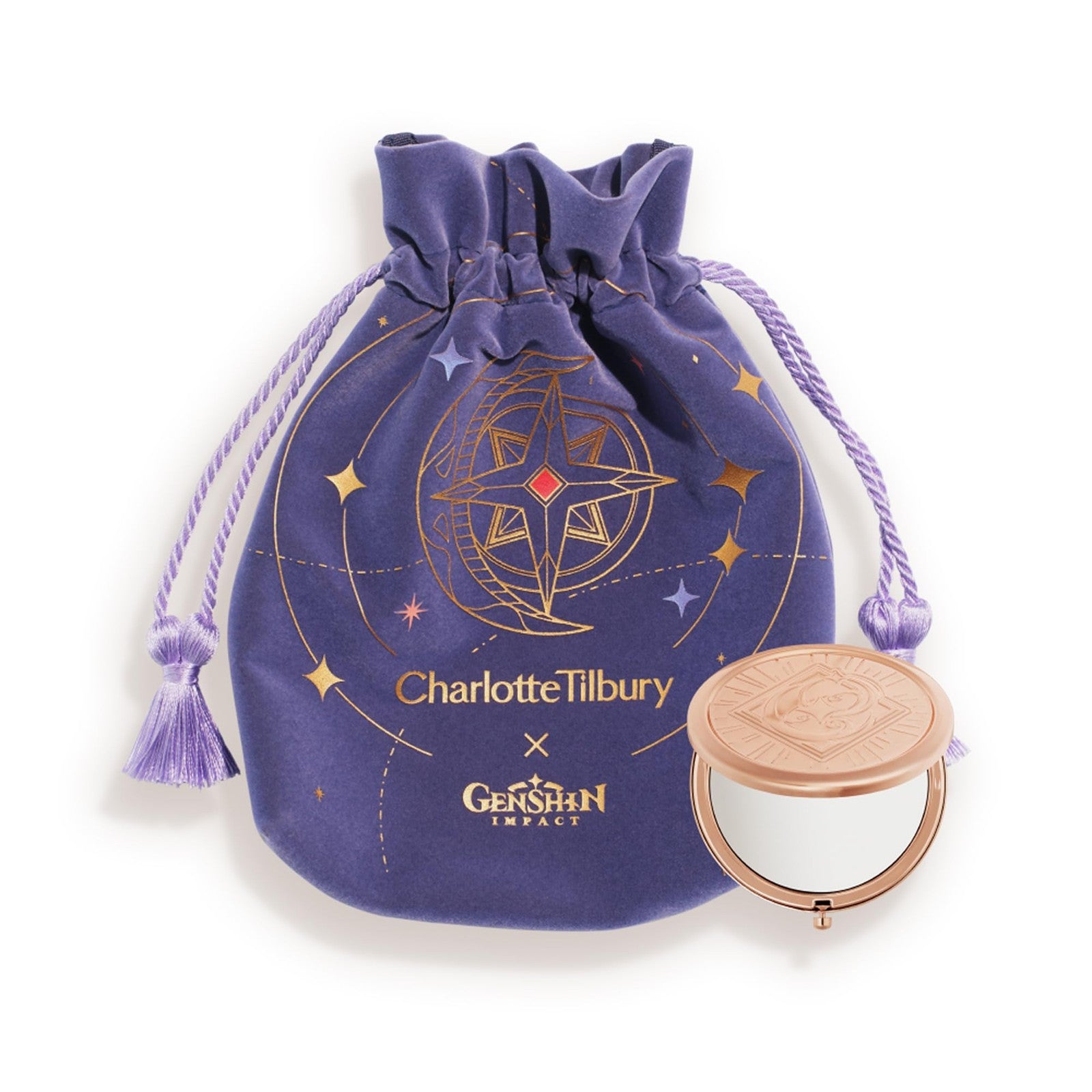 Charlotte Tilbury x Genshin Impact Starfell Treasure travel size skincare kit with small skincare bottles and packaging.
