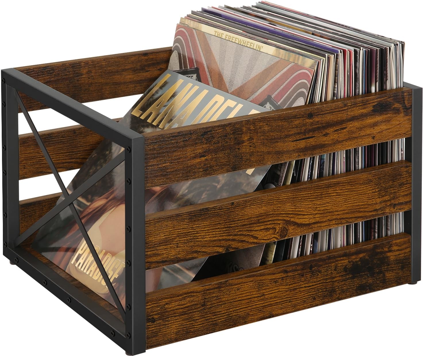 YINMIT large vinyl record storage crate made of metal and wood, designed for organizing LP records.