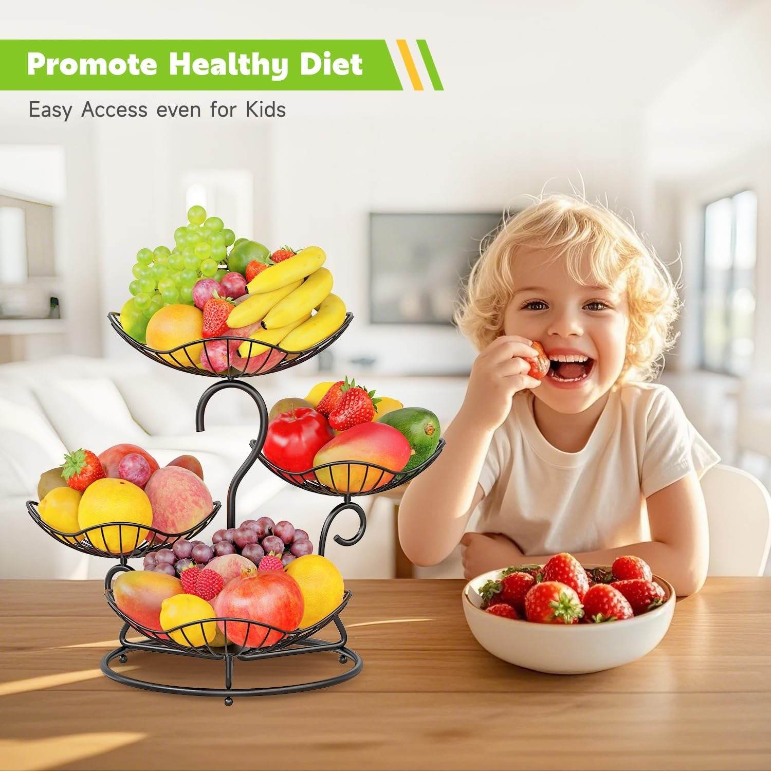 PouHenier.jh 4-tier black metal fruit basket stand with removable bowls for kitchen countertop organization