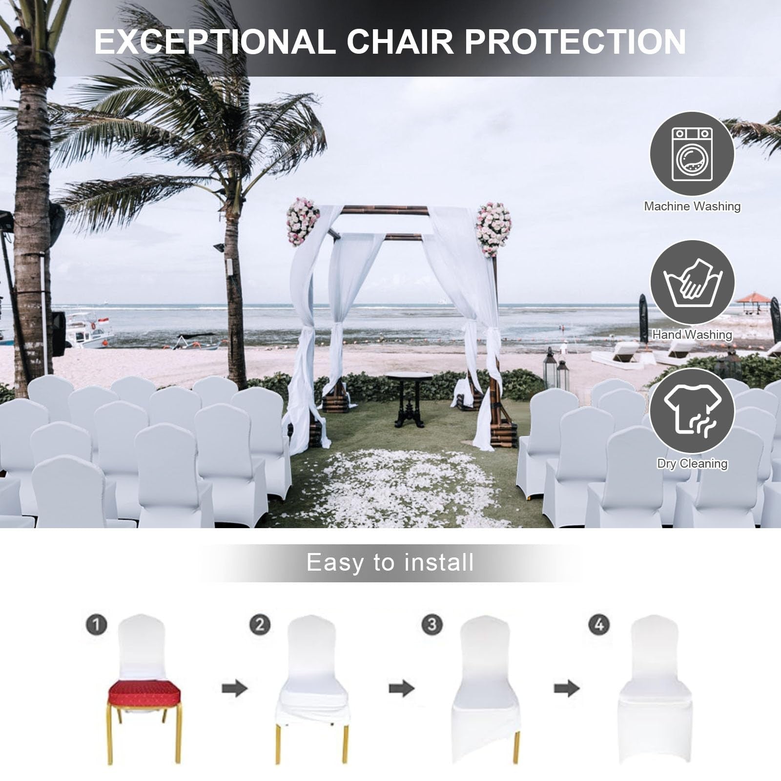 Set of 12 Trlyc spandex chair covers for dining chairs, stretch polyester fabric, fitted to modern dining room furniture.