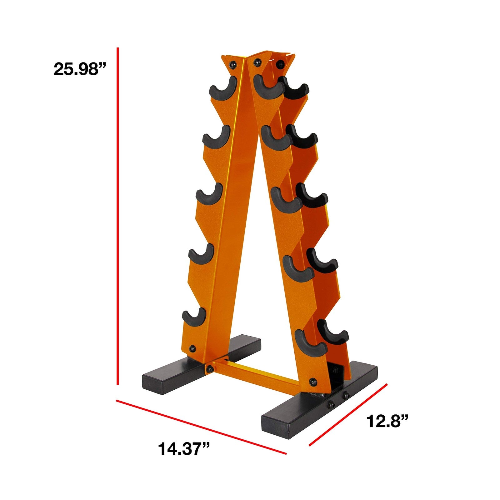 Cap Barbell orange A-frame dumbbell weight rack with multiple slots for storing various dumbbell sizes.