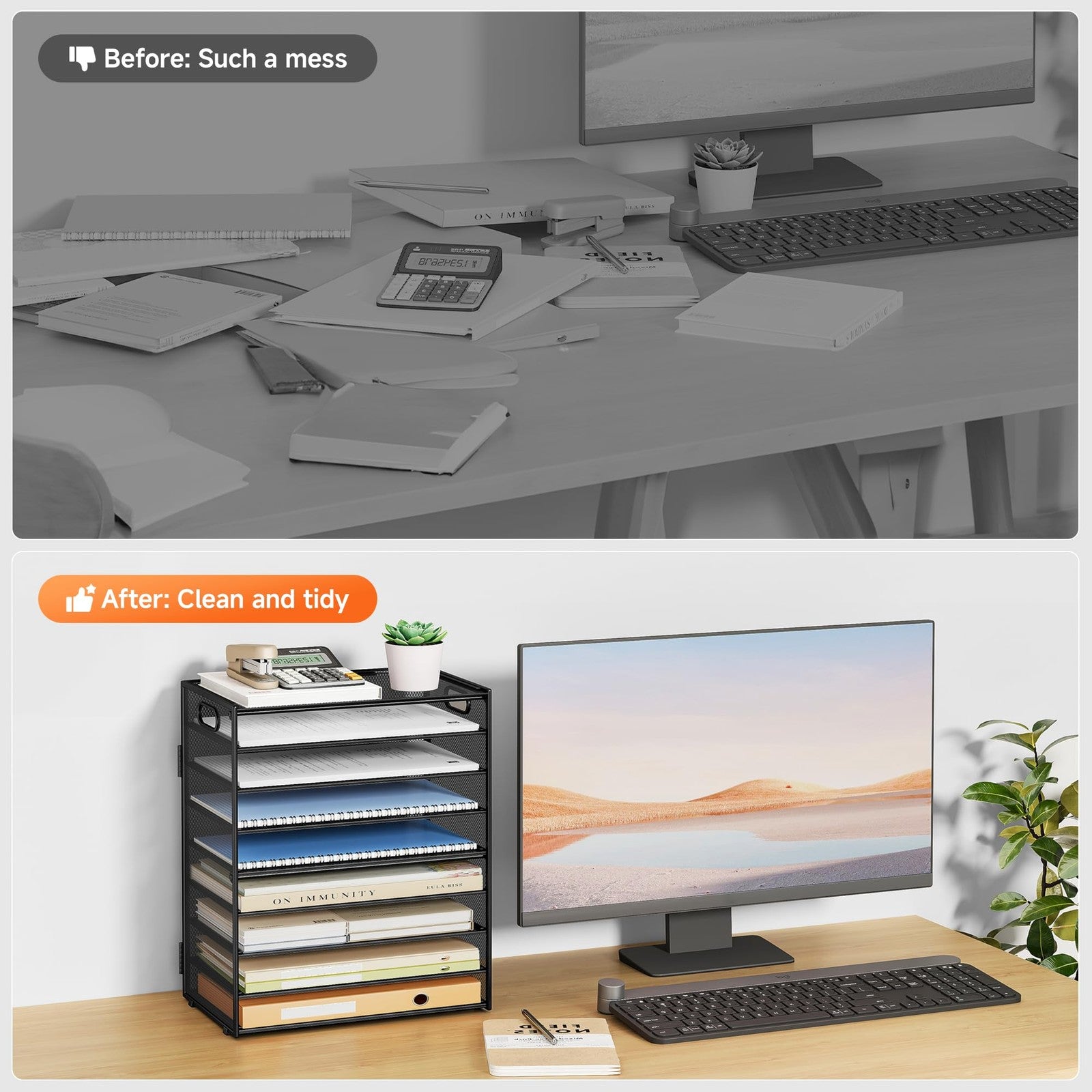 Black SUBEKYU 9-tier paper organizer with metal mesh design, desk letter tray for organizing files and documents.