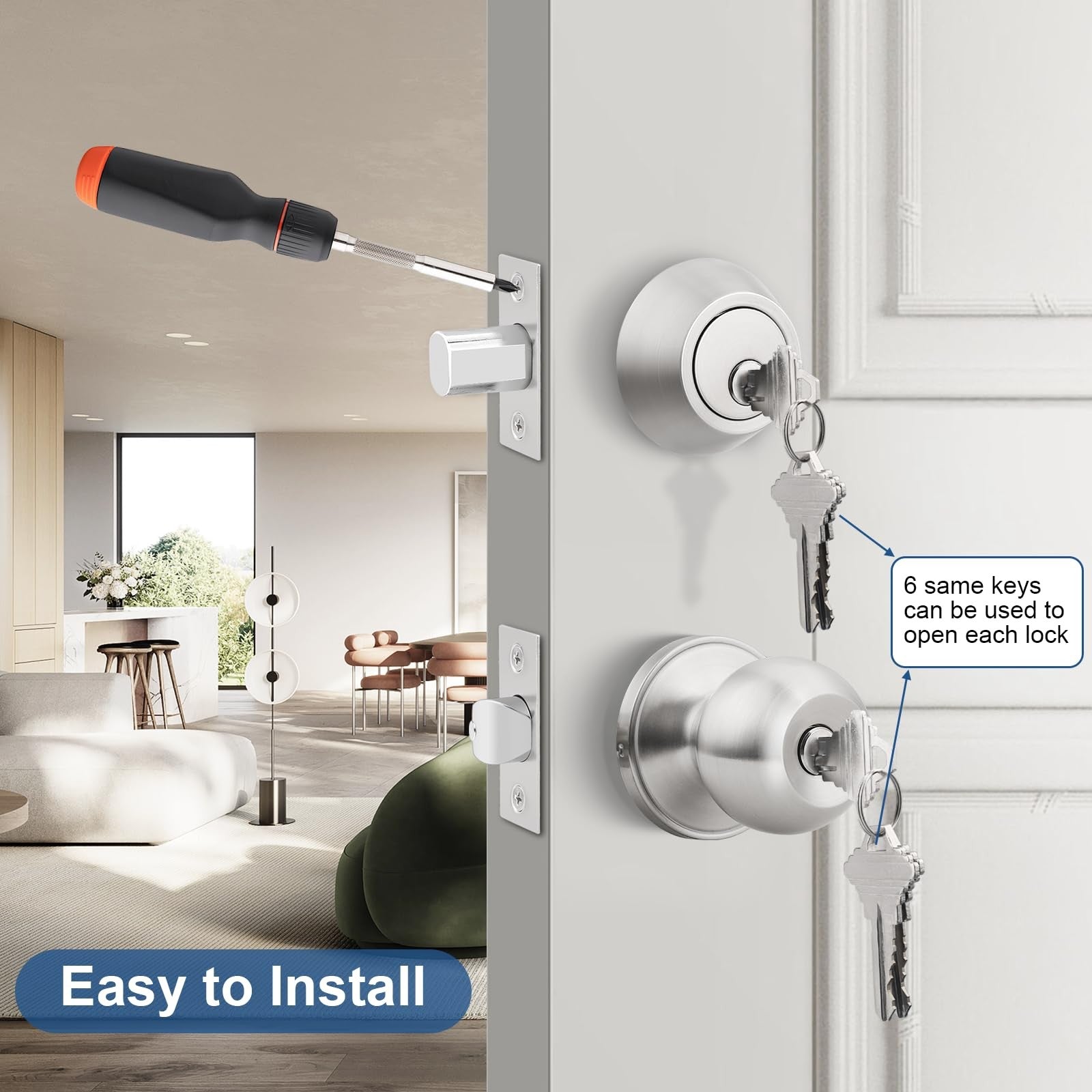 Knobonly keyed alike exterior door knob with round design and stainless steel deadbolt for outdoor security.