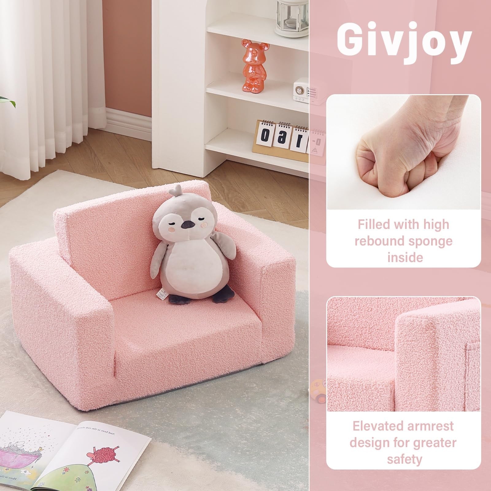 Givjoy toddler Sherpa chair and kids lounger in soft armchair style, cozy and versatile 2-in-1 design, no assembly needed.