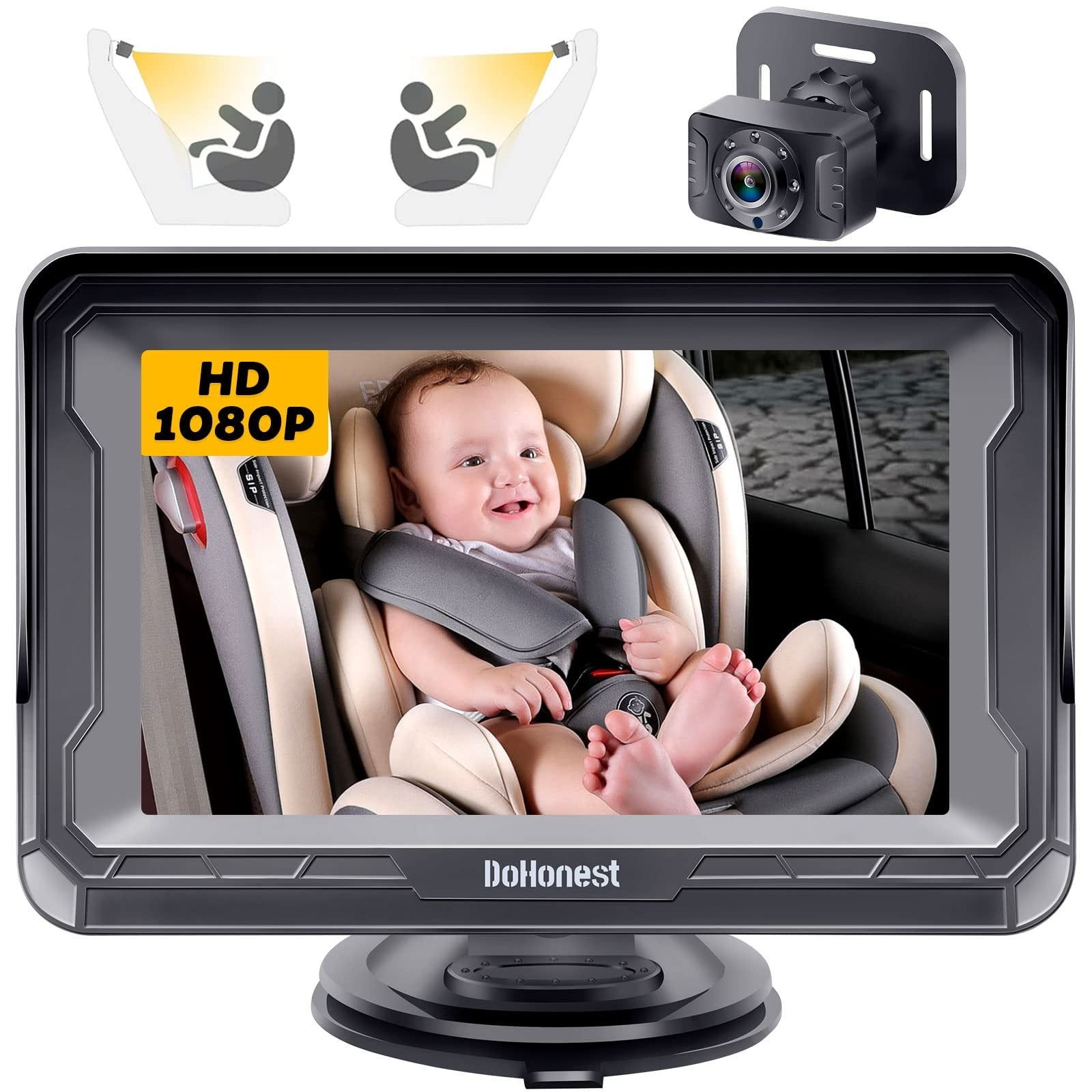 DoHonest Baby Car Camera HD 1080P rear-facing monitor with night vision, showing camera mounted inside a vehicle for baby safety.