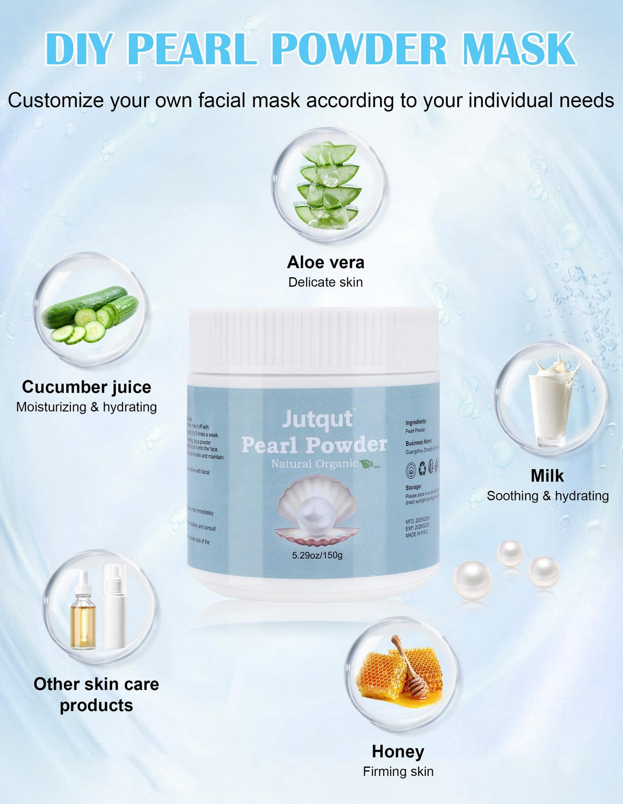 Jutqut organic freshwater pearl powder in a 150g jar, natural skin care product with finely milled pearl powder for DIY skincare.