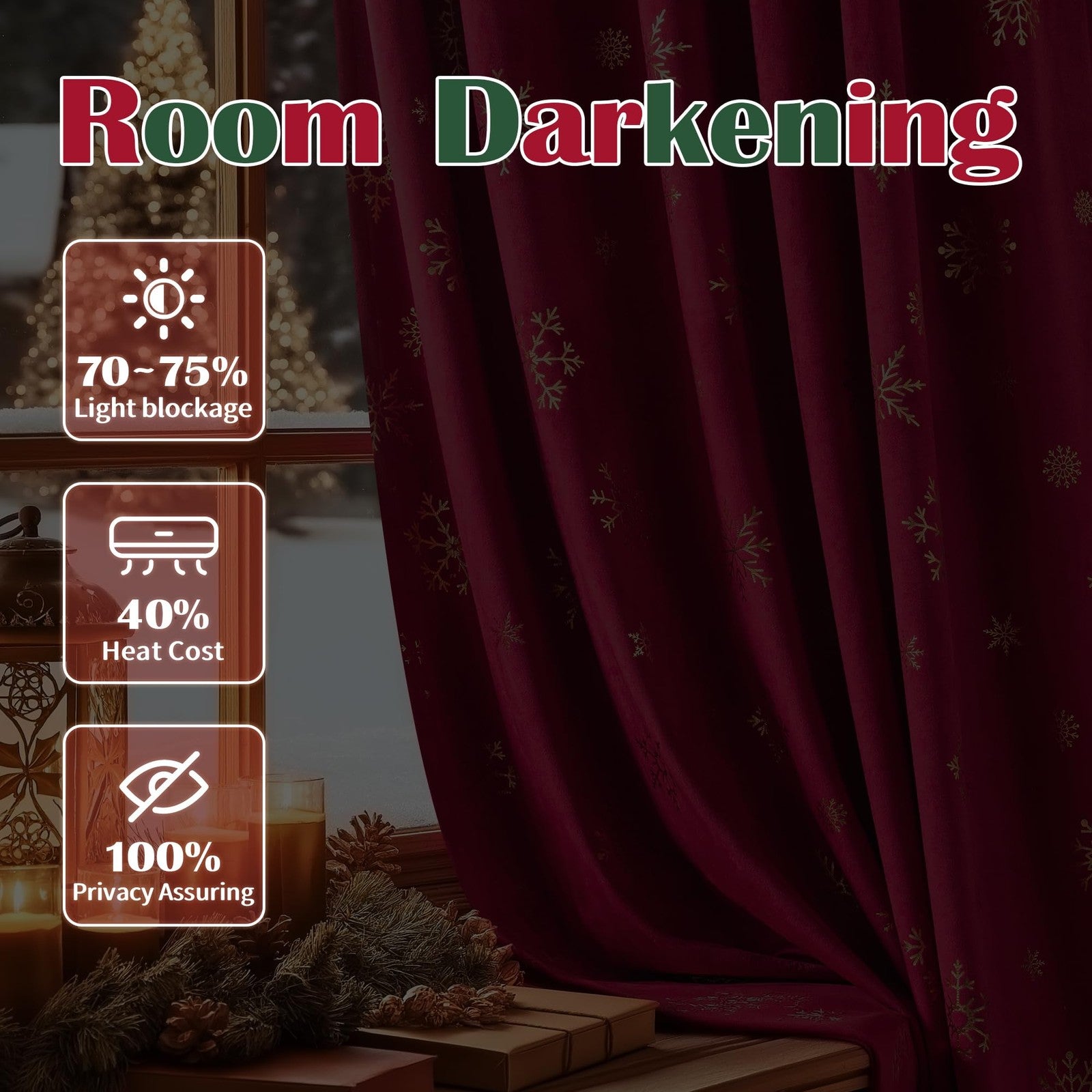 FMFUNCTEX red velvet Christmas blackout curtains for bedroom, thermal insulated drapes with festive holiday design and blackout fabric.