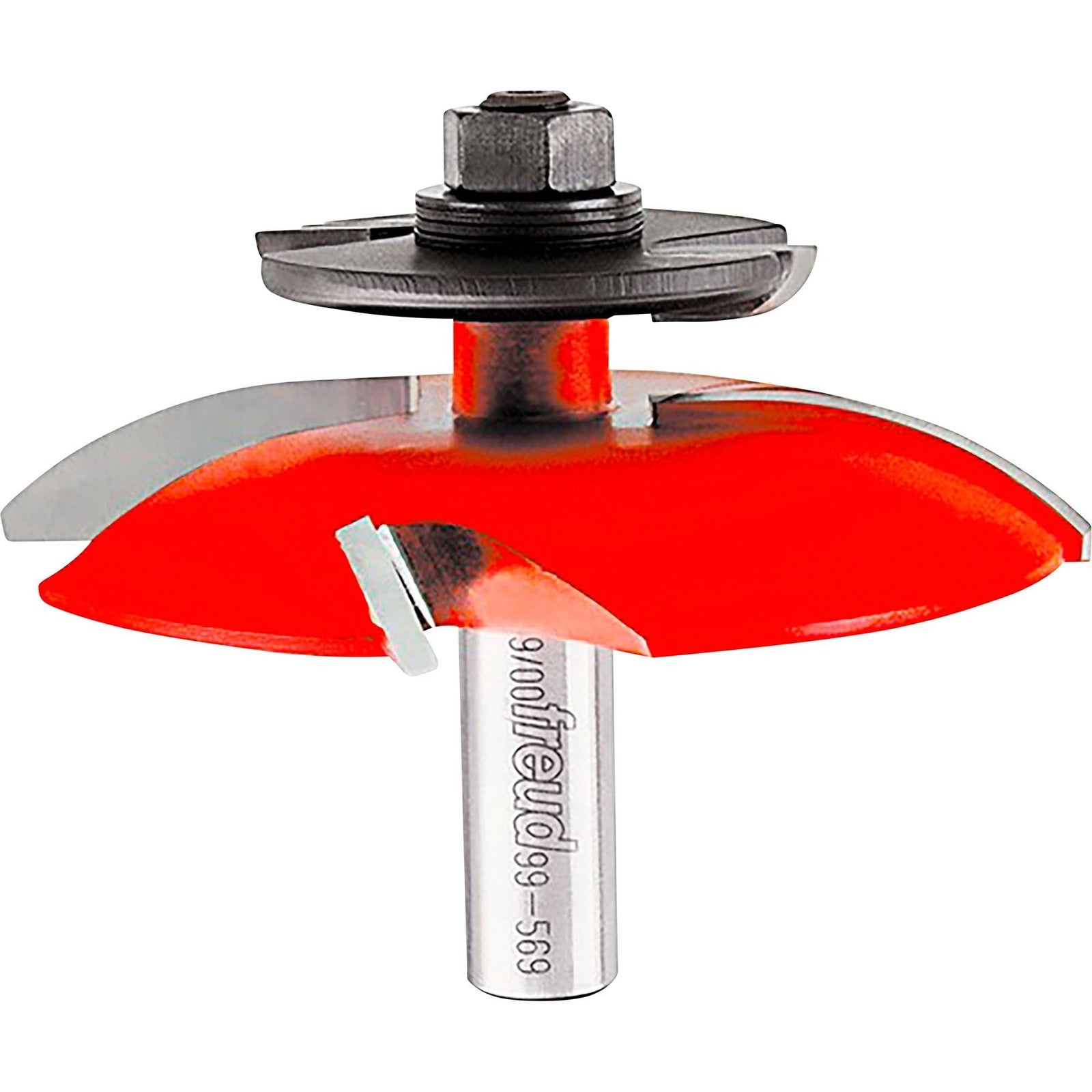Freud 99-569 raised panel bit with backcutters, 3.5-inch diameter, 1/2-inch shank, showing the cutting edges and shank details.