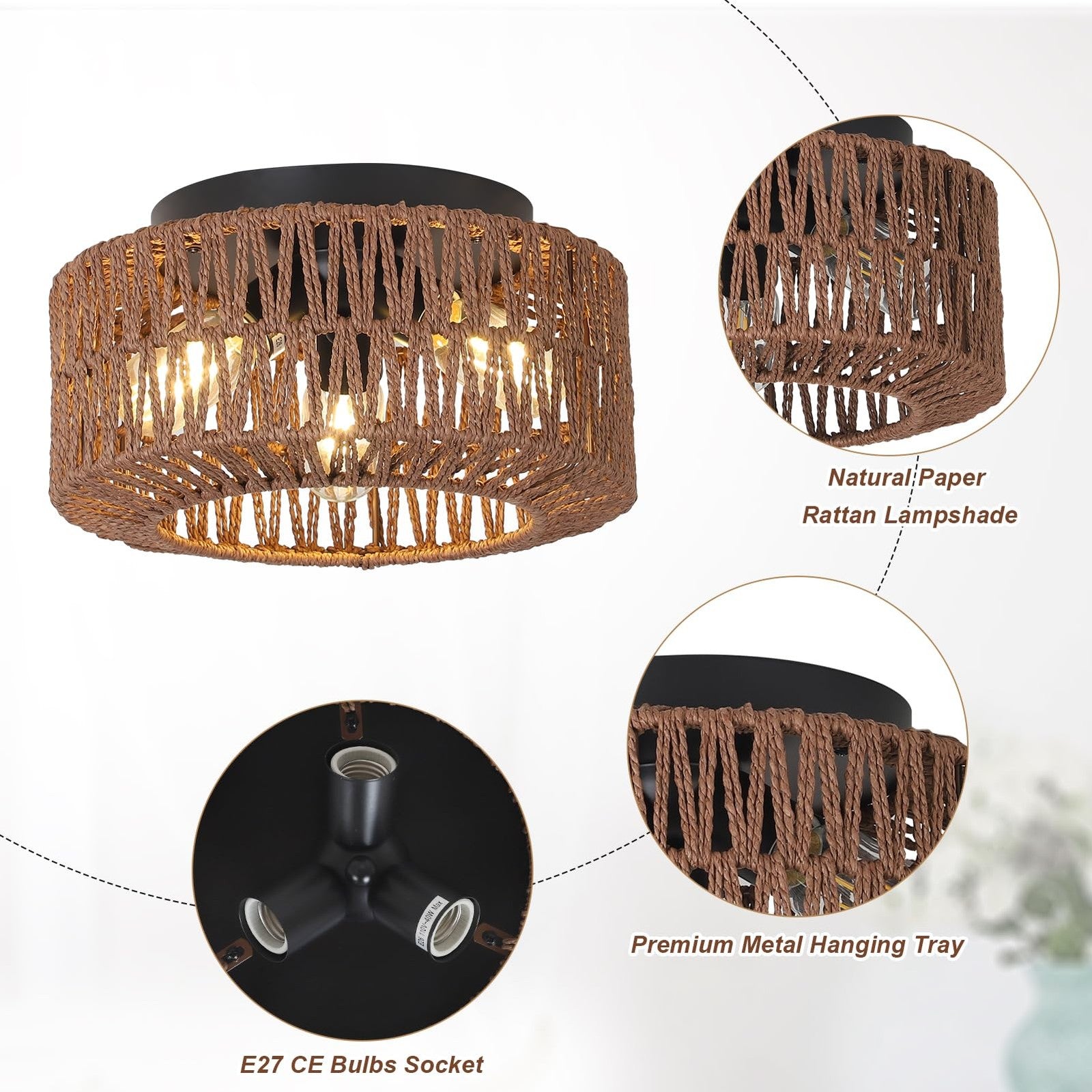PAUFUL Boho 3-light farmhouse rattan ceiling light fixture with woven design and rustic farmhouse style.