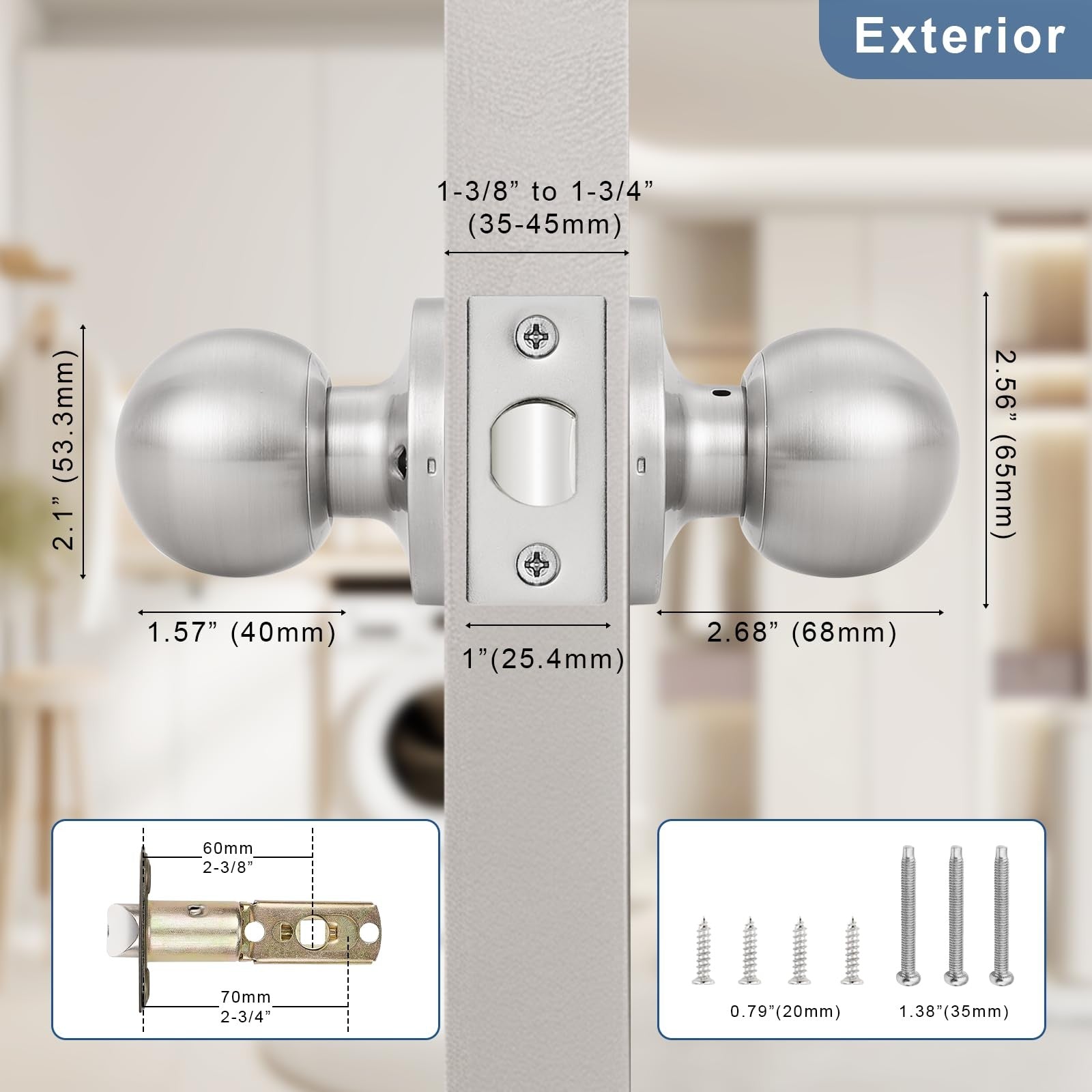 Pair of Knobonly keyless indoor passage door knobs with sleek metal finish, ideal for interior doors.