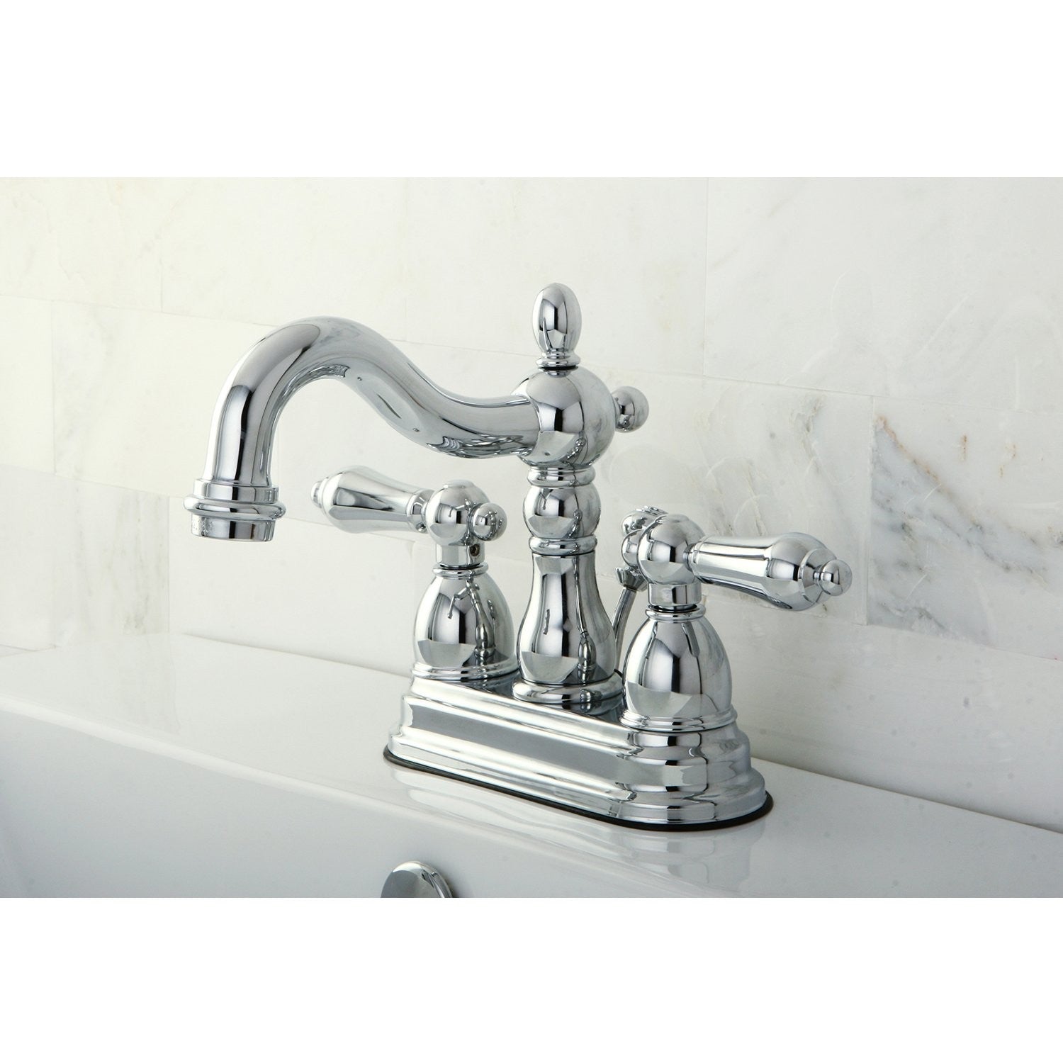 Kingston Brass Heritage 4-inch centerset lavatory faucet with metal lever handle, shown in polished finish, installed on bathroom sink.