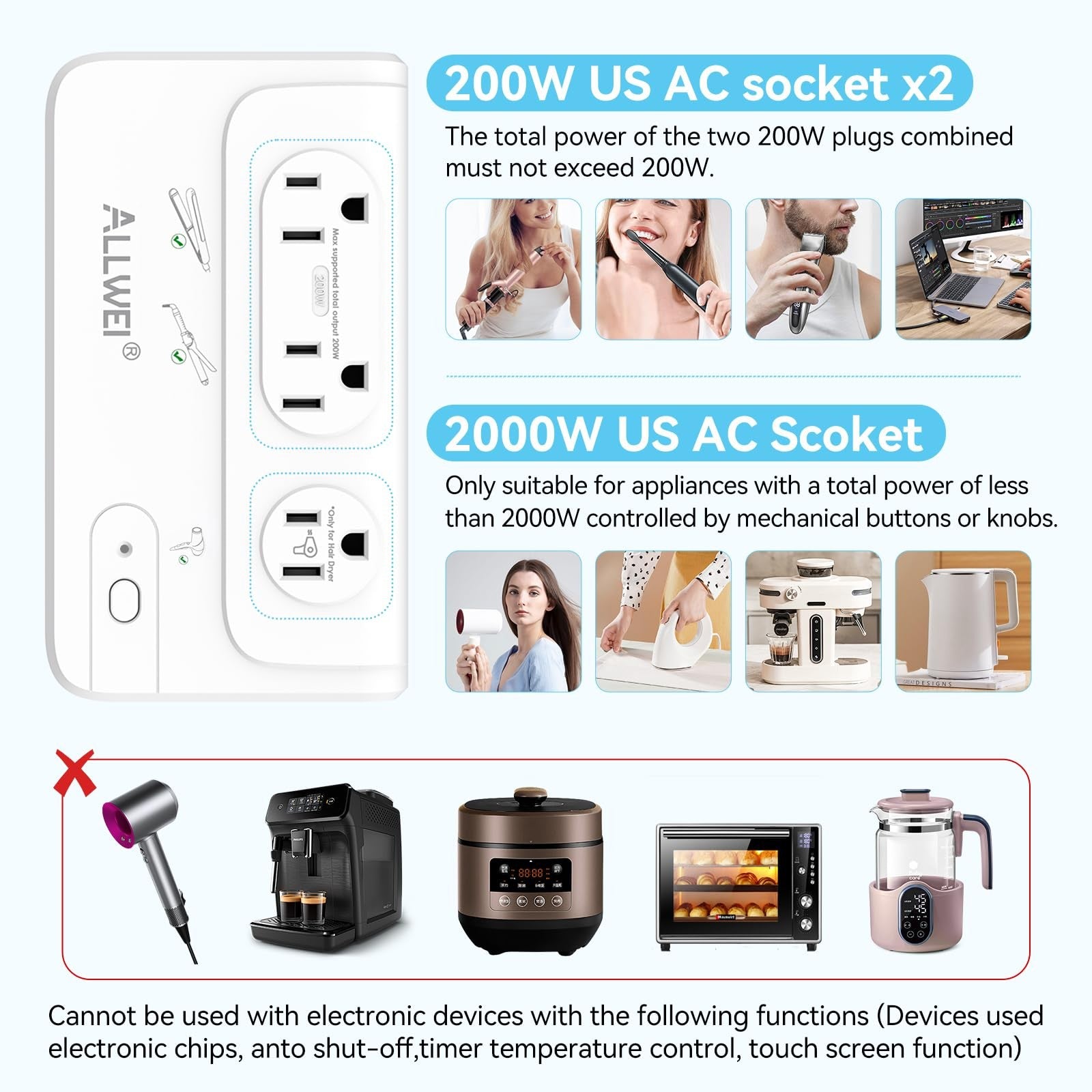 ALLWEI 2000W travel voltage converter for European travel, converting 220V to 110V with digital display and safety features.