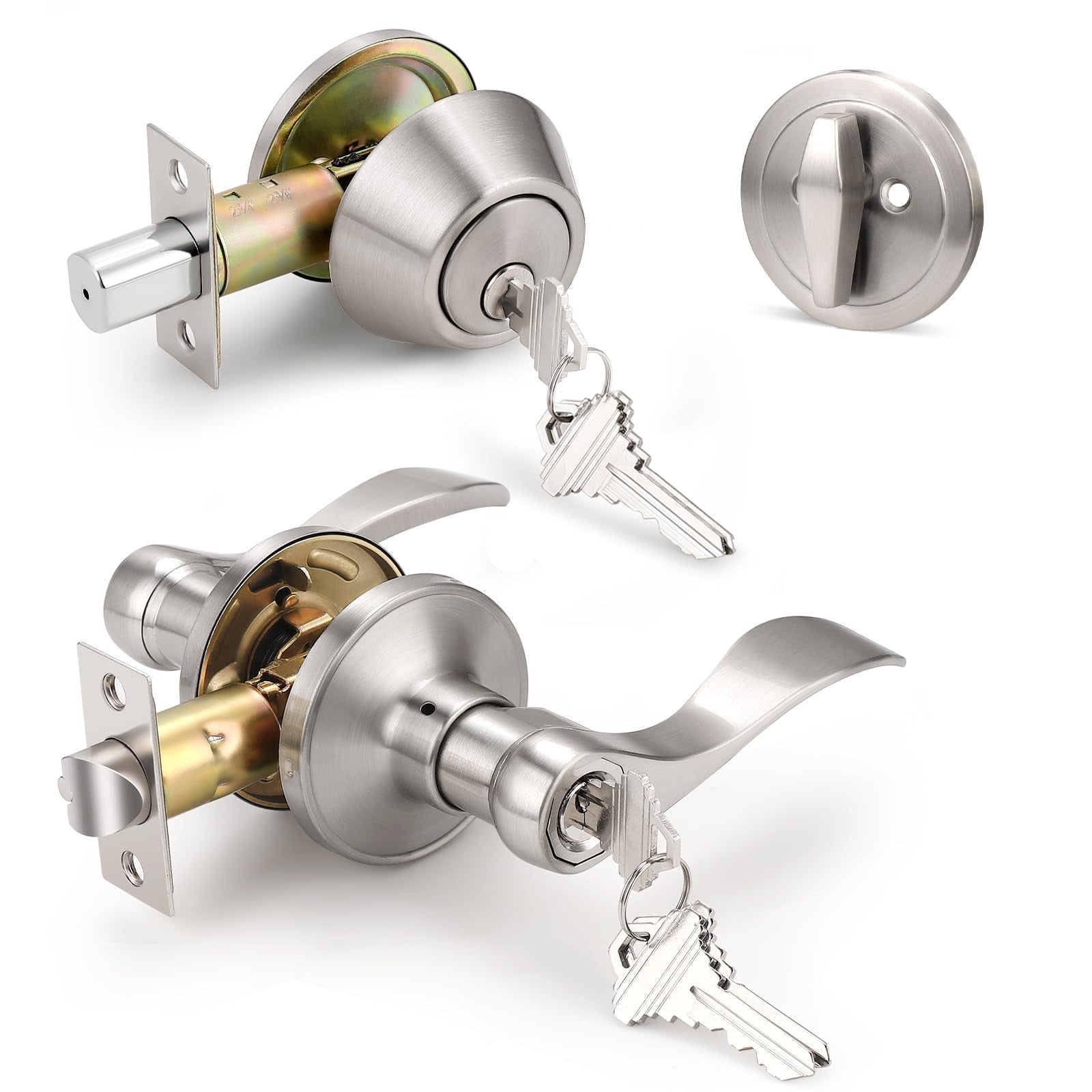 Knobonly keyed alike front door handle with single cylinder deadbolt, featuring a satin finish and ergonomic design.
