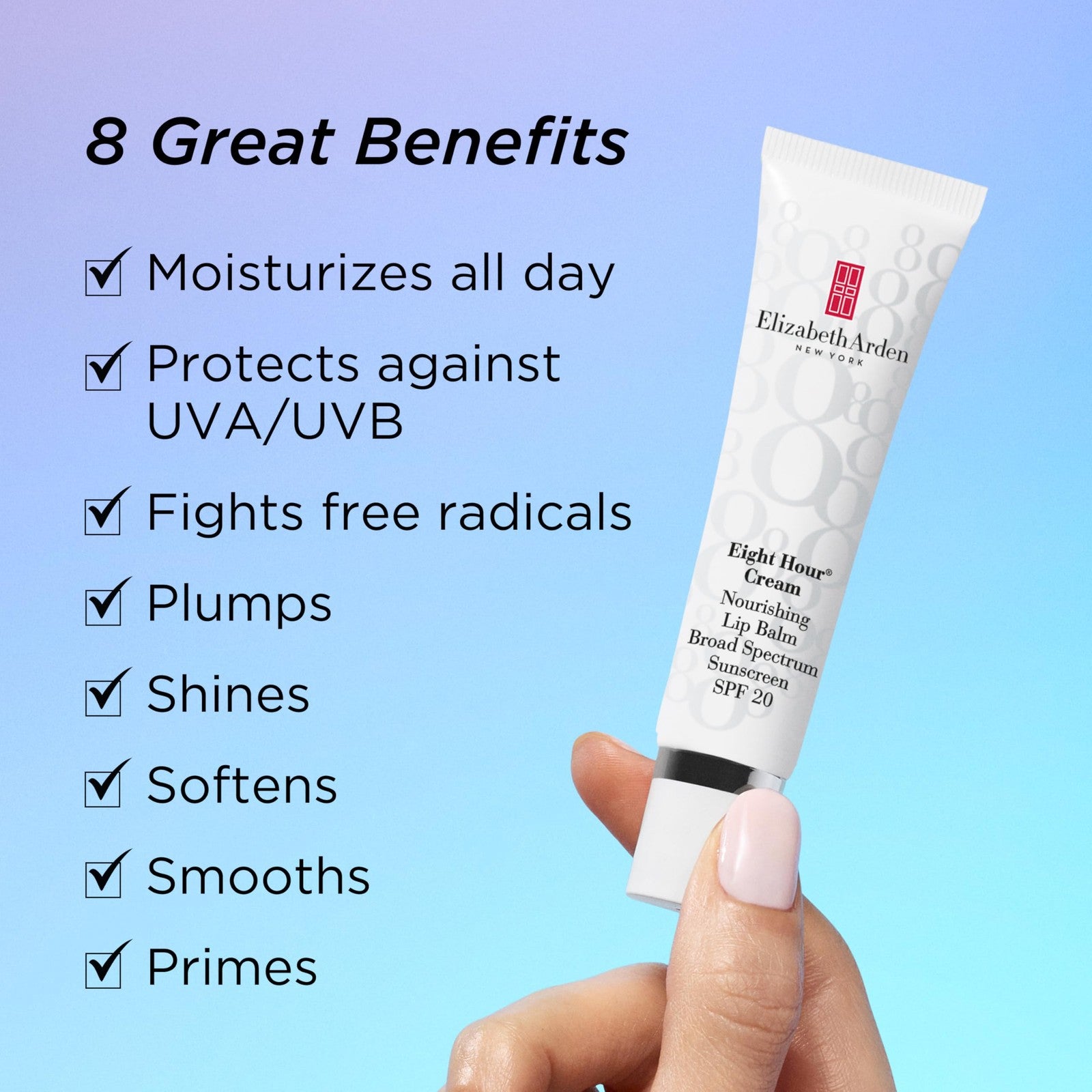 Elizabeth Arden Eight Hour Cream Nourishing Lip Balm with SPF 20 showing the balm tube and product packaging.