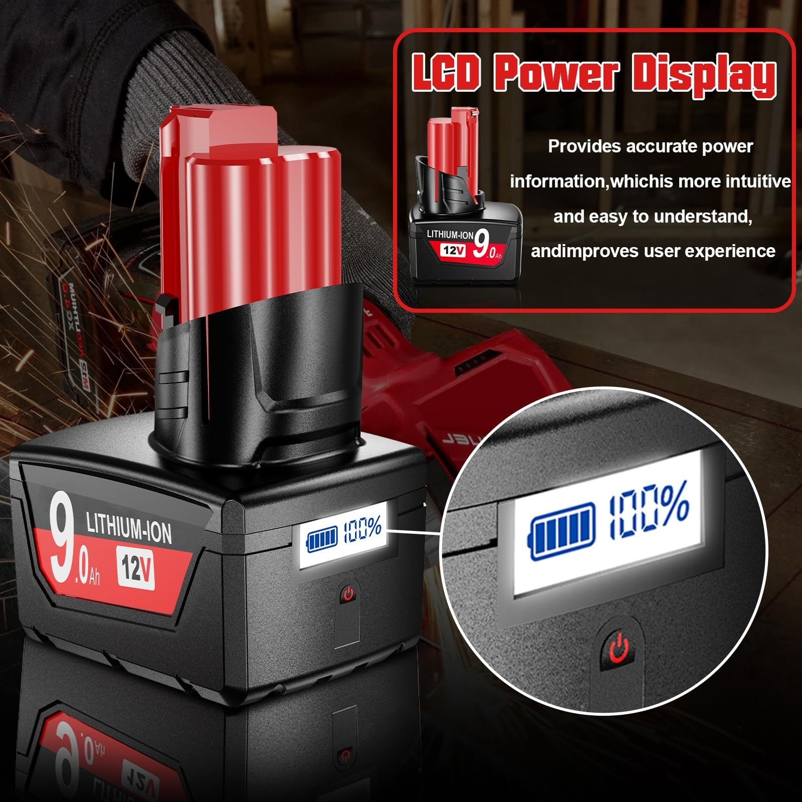 Two Nonbliep 9.0Ah lithium-ion batteries for Milwaukee M12 12V power tools, showcasing the upgraded replacement batteries.