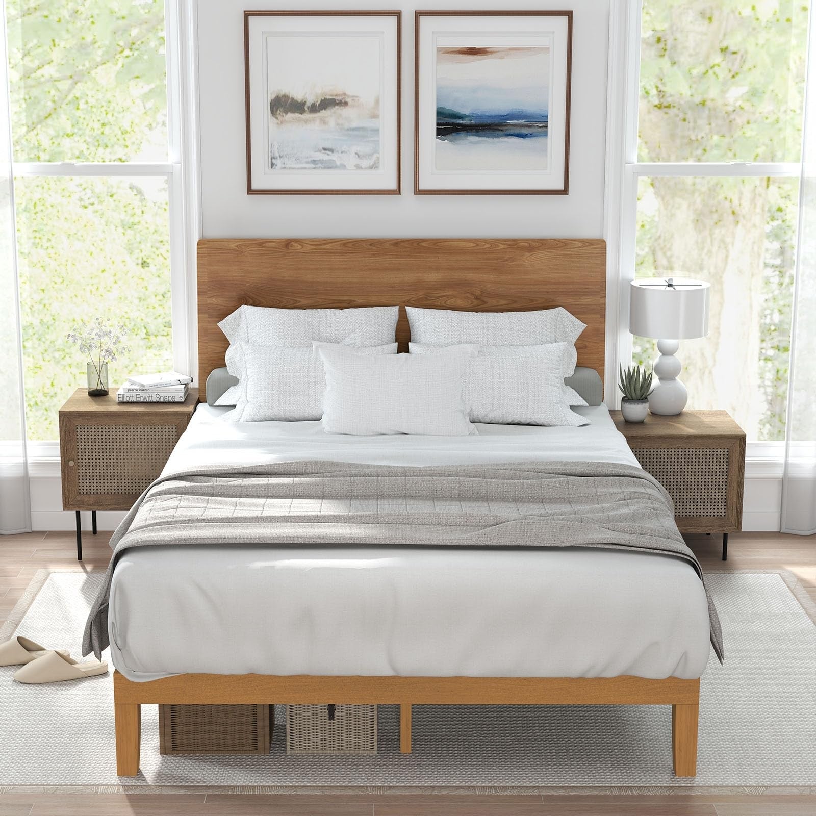 Sweetcrispy queen size solid wood bed frame with slat support, showcasing a sturdy, natural wood base for a comfortable sleeping foundation.