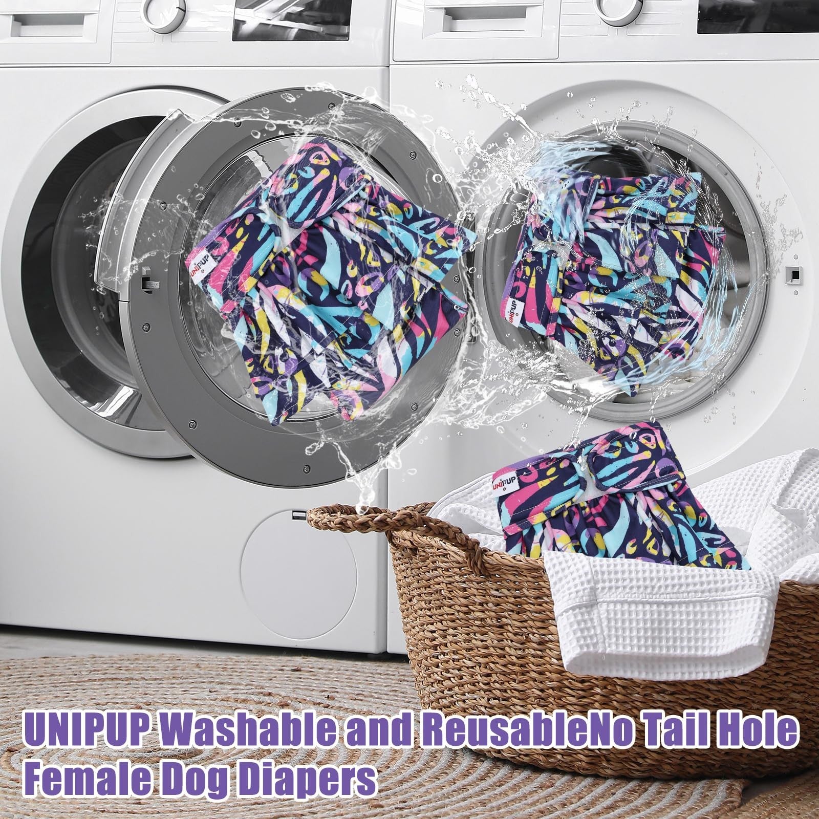 UNIPUP female dog reusable diapers with no hole design, washable period panties for female pets, shown in the image.