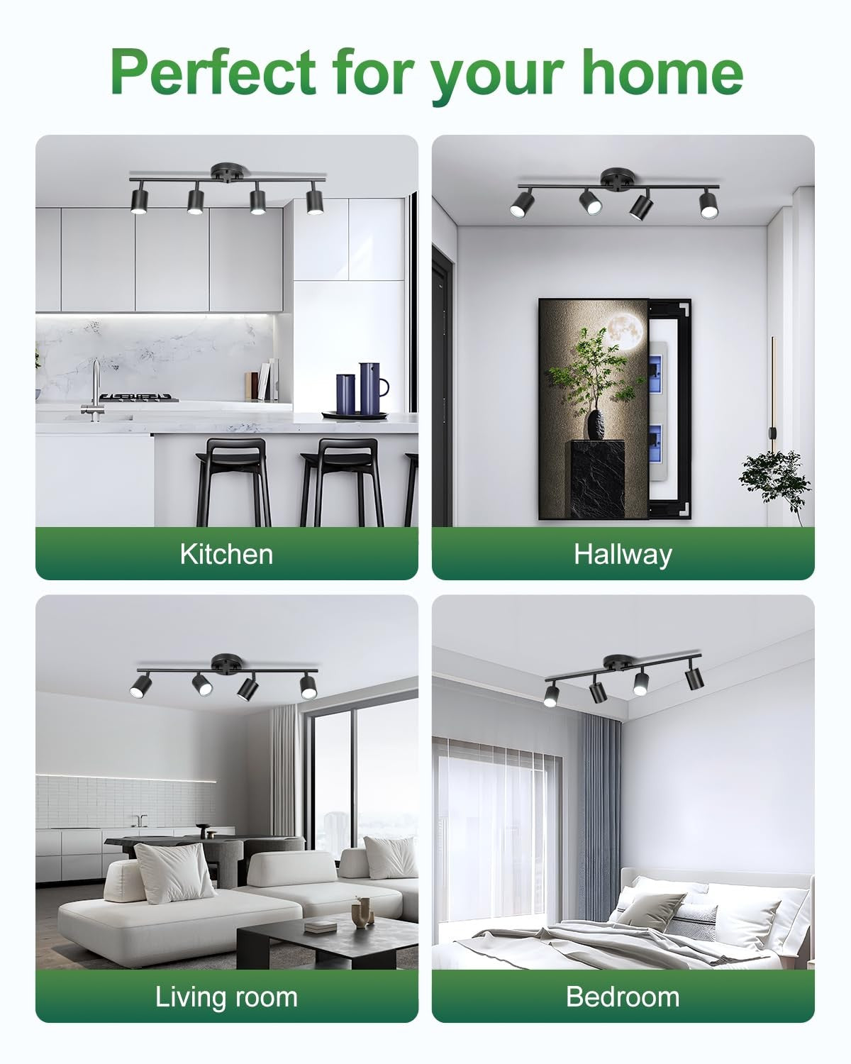 Fondiiz 4 Ways Track Lighting with rotatable heads, modern black ceiling track light fixture for versatile illumination.