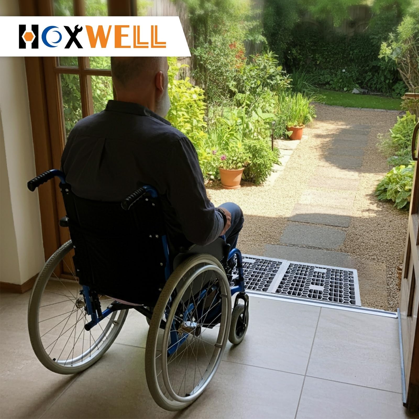 HOXWELL modular threshold ramp for doorways, 2-inch rise wheelchair ramp designed for home accessibility and easy installation.