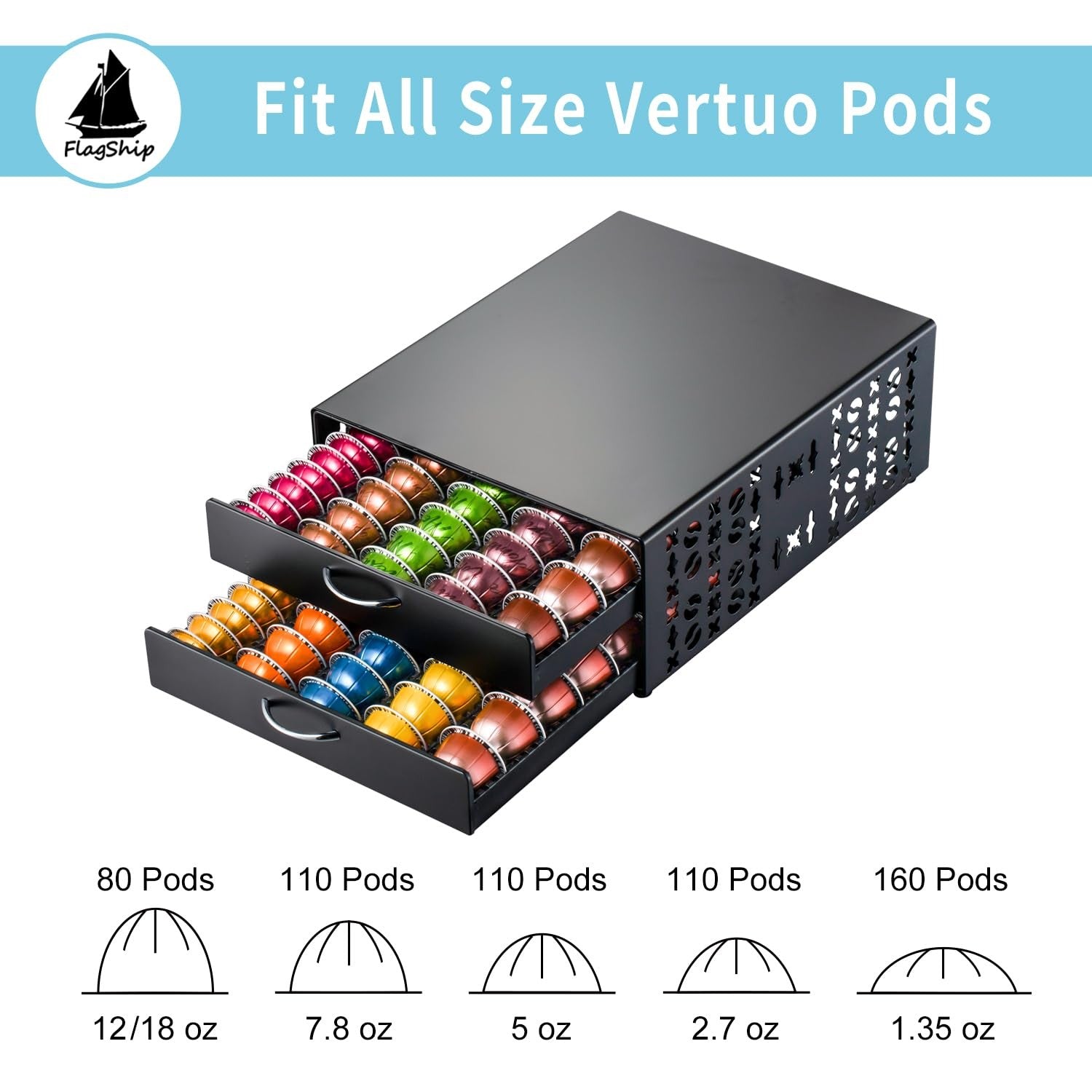 FlagShip Vertuo pod holder coffee storage organizer with large capacity for Nespresso Vertuo capsules, black plastic construction.
