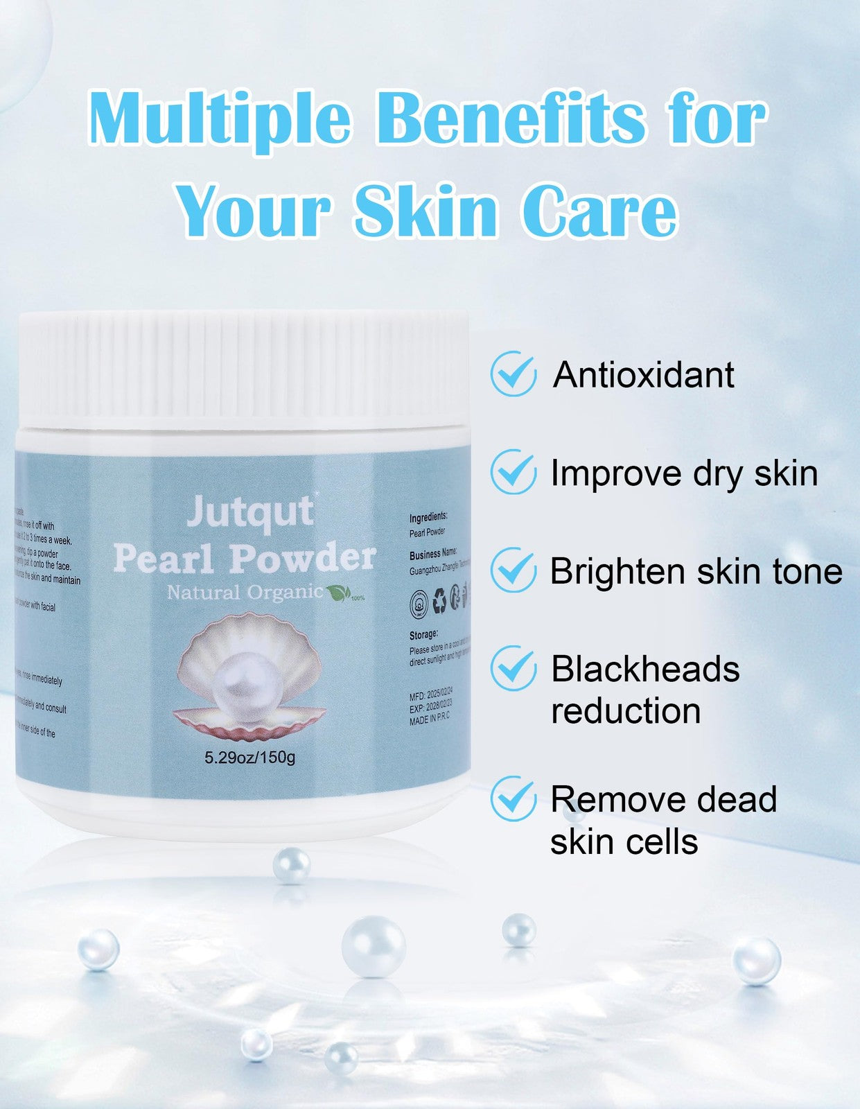 Jutqut organic freshwater pearl powder in a 150g container, natural and pure for DIY skincare applications.