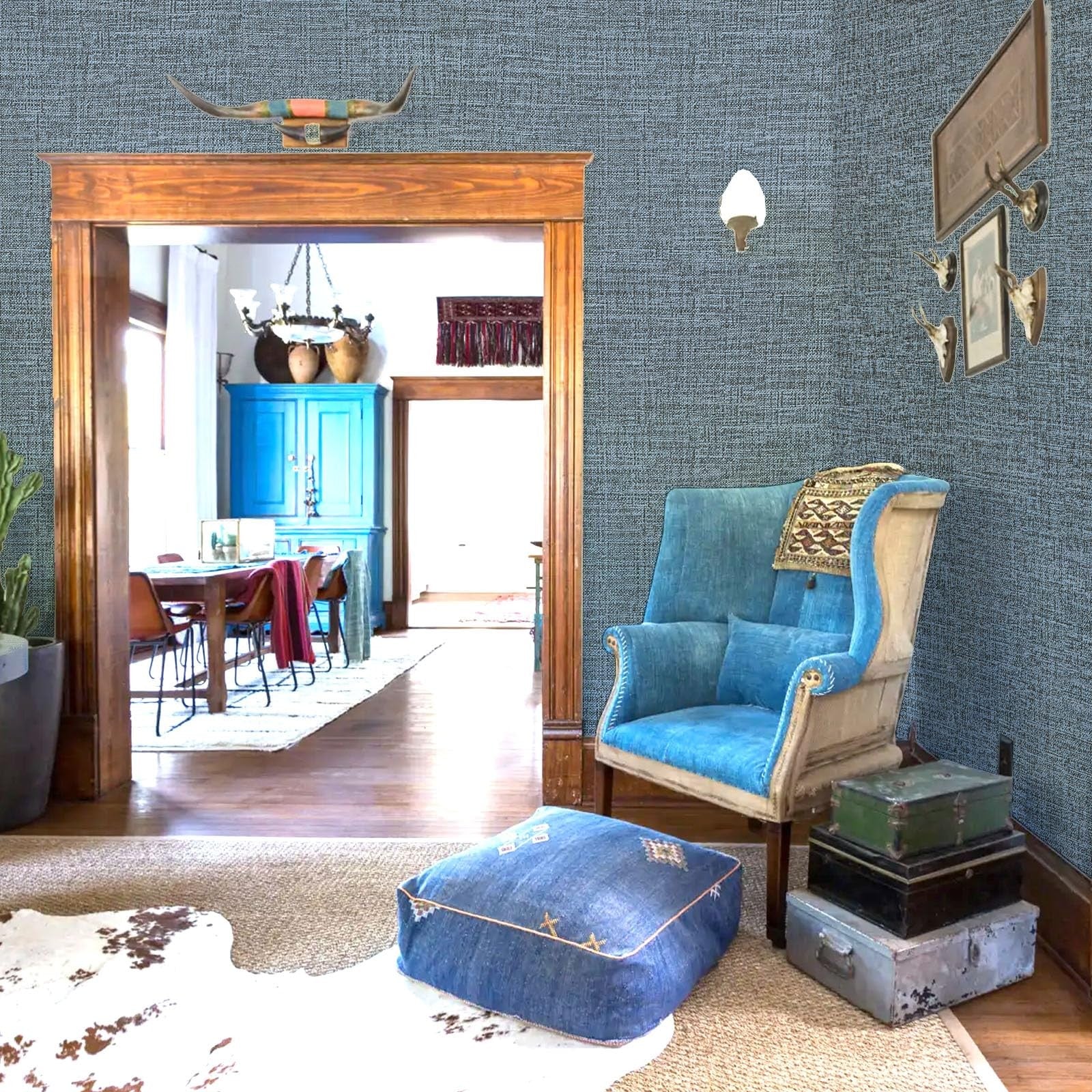 Blue Amiya Grasscloth Wallpaper peel and stick faux fabric linen contact paper, showing textured surface and easy application.