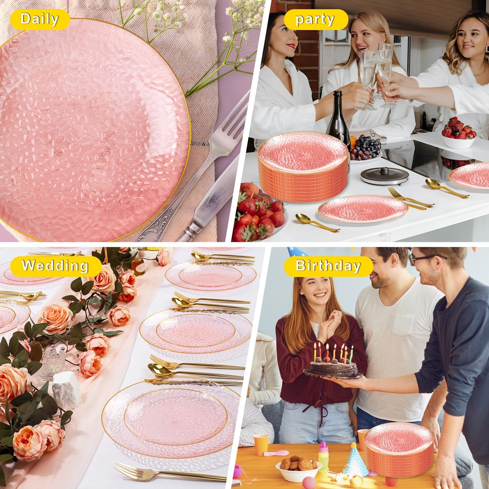 Set of 100 pink and gold plastic dinner plates by Rubtlamp, 10-inch clear pink and gold party plates for celebrations.