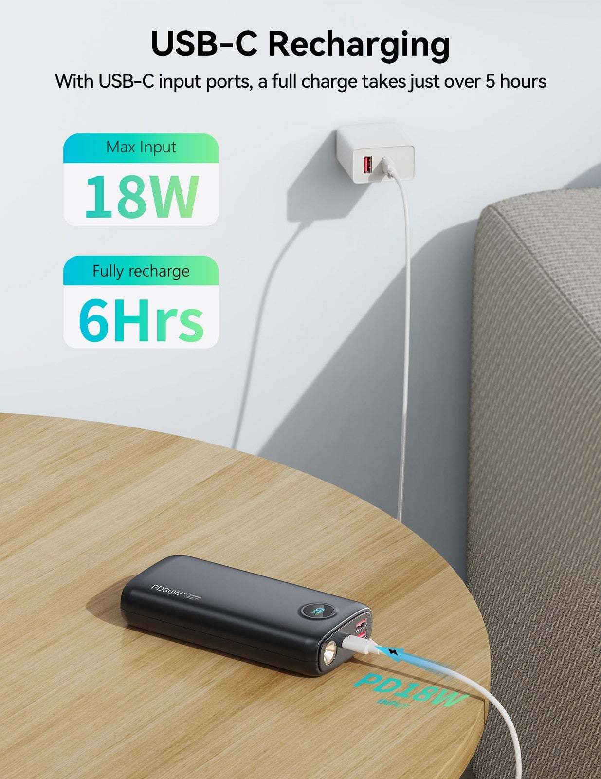 DIAMUAR 30000mAh portable power bank with USB C fast charging and compact design for travel and on-the-go charging.