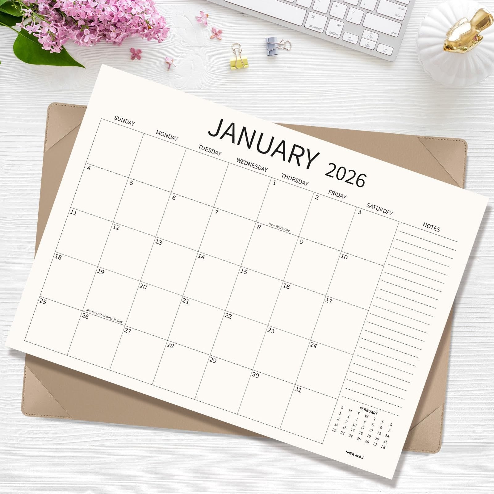 YIBUKIU large desk calendar for 2026-2027, 22x17 inch size, displaying months from January 2026 to June 2027.