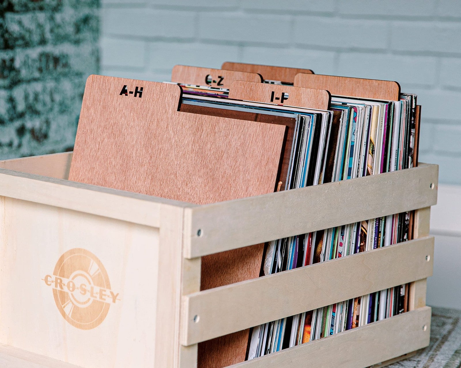Crosley AC1045A-NA A-Z Wooden Crate Dividers set of 5 in natural wood with labeled compartments for organizing crate contents