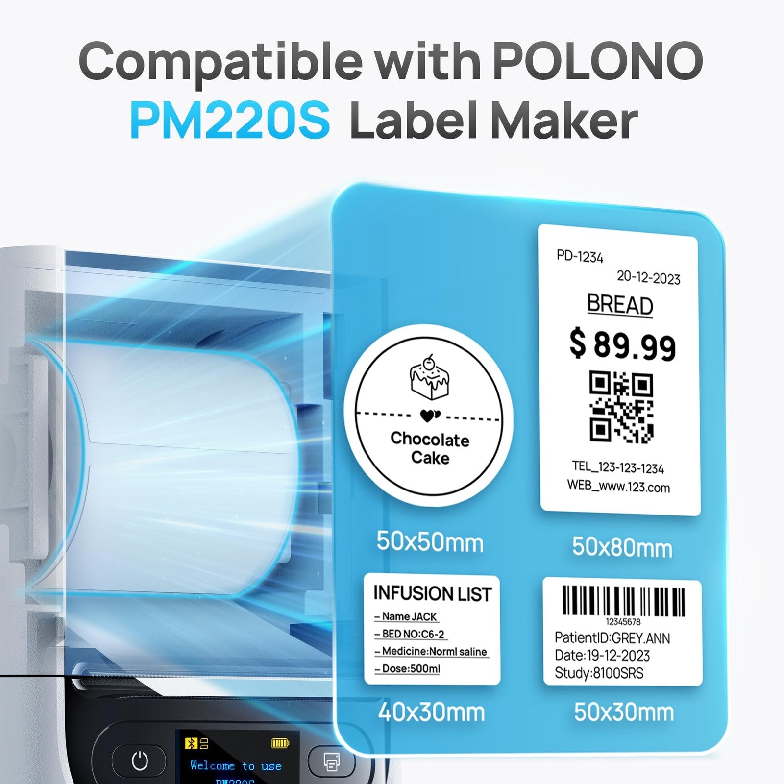 POLONO thermal labels for PM220S label maker, 1.97x1.18 inch white multi-purpose label rolls, three rolls included.