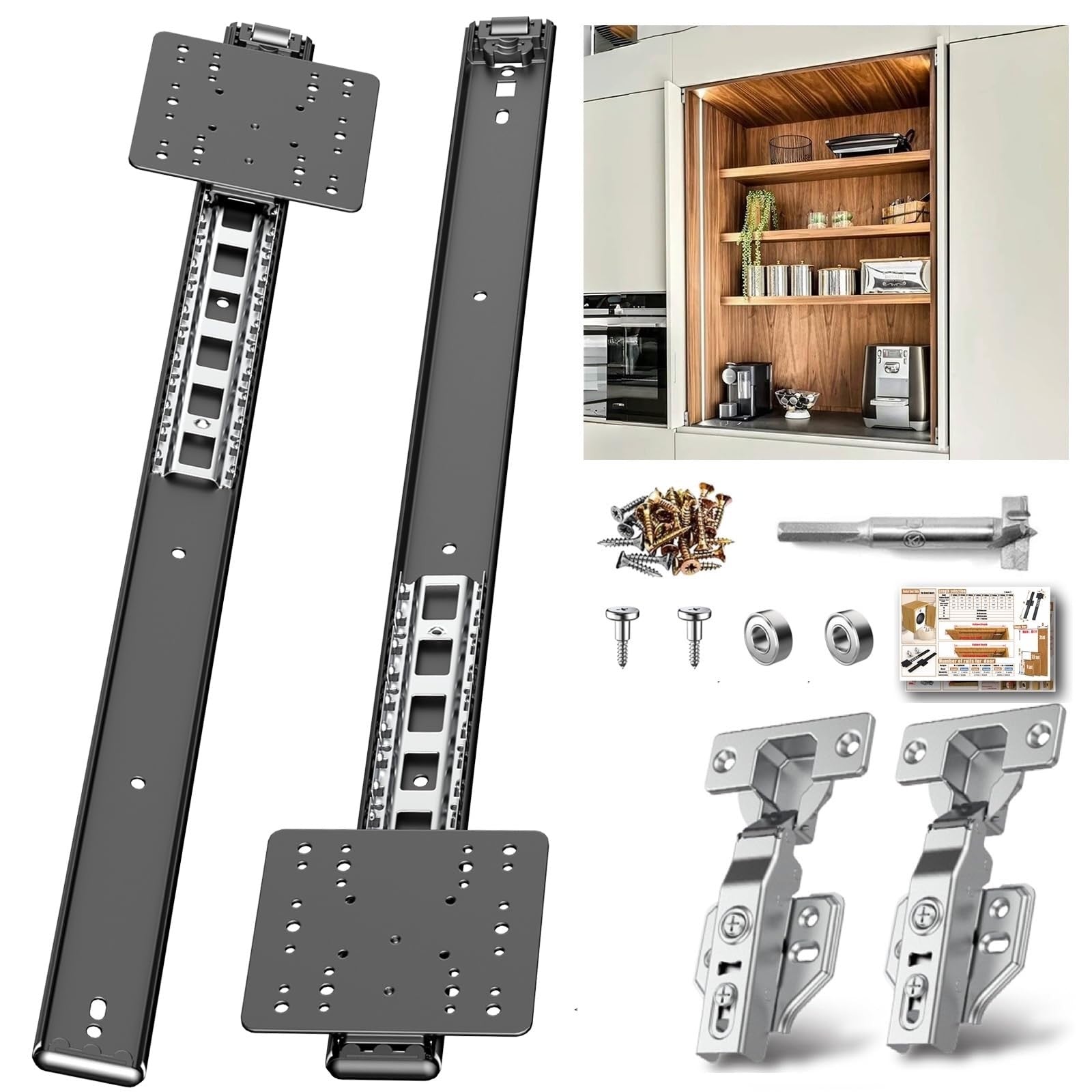 Loodmeo 24-inch hidden cabinet door slide with 48lb capacity and forstner bit, featuring sleek metal hardware and mounting components.