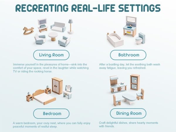 ROBOTIME 23-piece wooden dollhouse furniture set with miniature chairs, tables, and accessories in 1:12 scale for dollhouse decor
