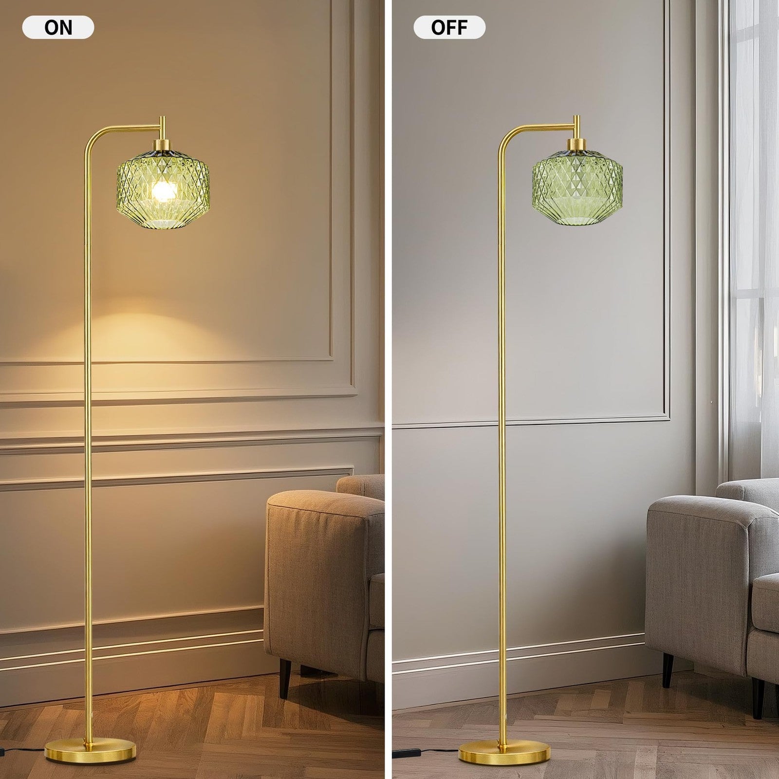 Emerald green ribbed glass Mayna mid-century modern floor lamp with standing design and sleek base.