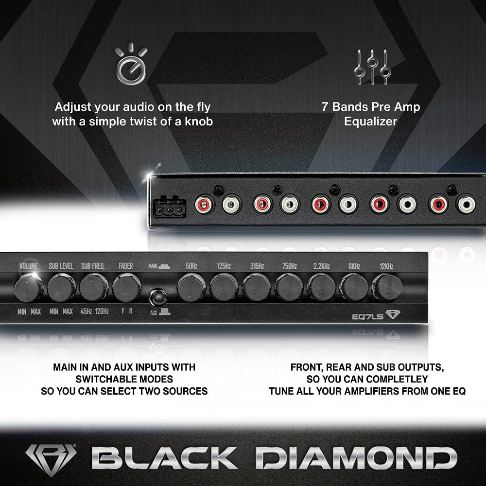Black Diamond EQ7LS 7-band stereo equalizer and crossover preamp for car audio, featuring black control knobs and a compact design.