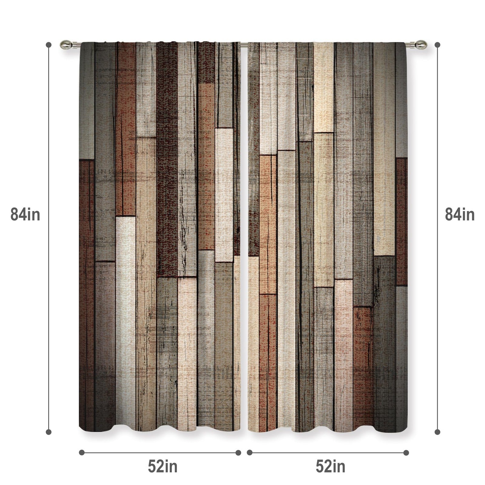 Meshelly retro barn door curtains in vintage farmhouse style, 52x84 inches with rod pocket, featuring rustic fabric and classic design.