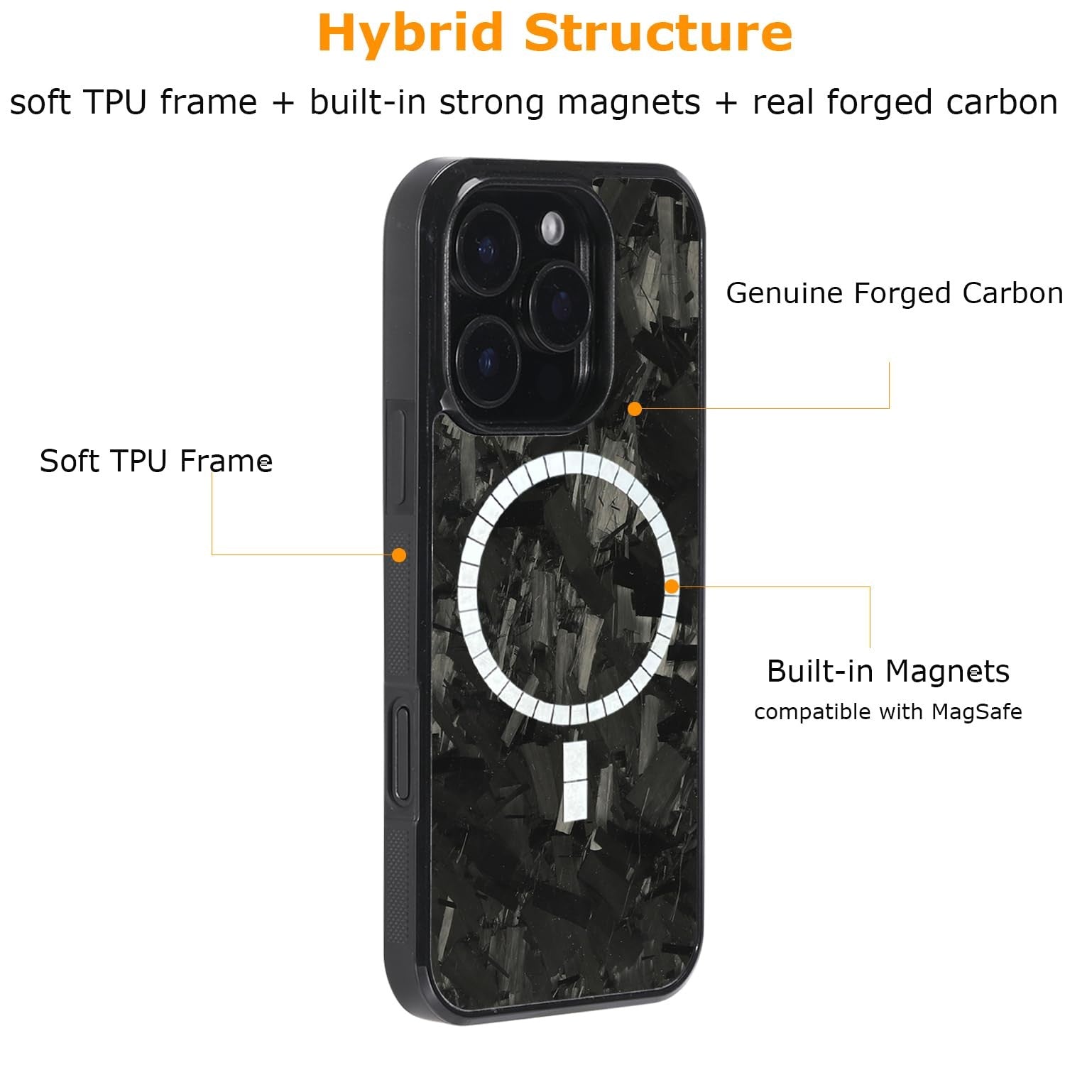 molzar Grip Series iPhone 16 Pro case with real forged carbon fiber texture, showcasing sleek, durable phone protection.