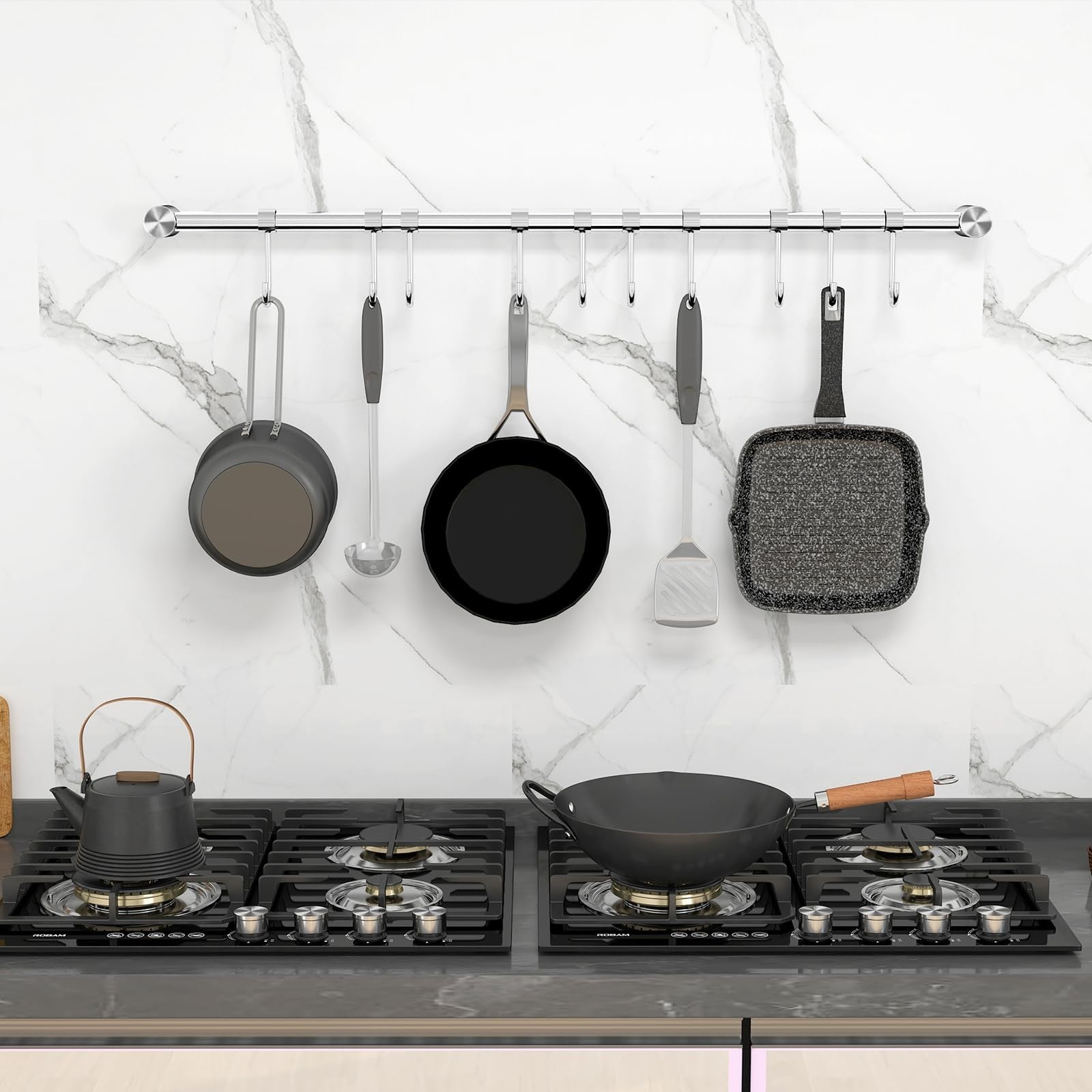 Audmore stainless steel kitchen utensil rack 2-pack, wall-mounted 20.9-inch organizer for lids and utensils in modern kitchen style