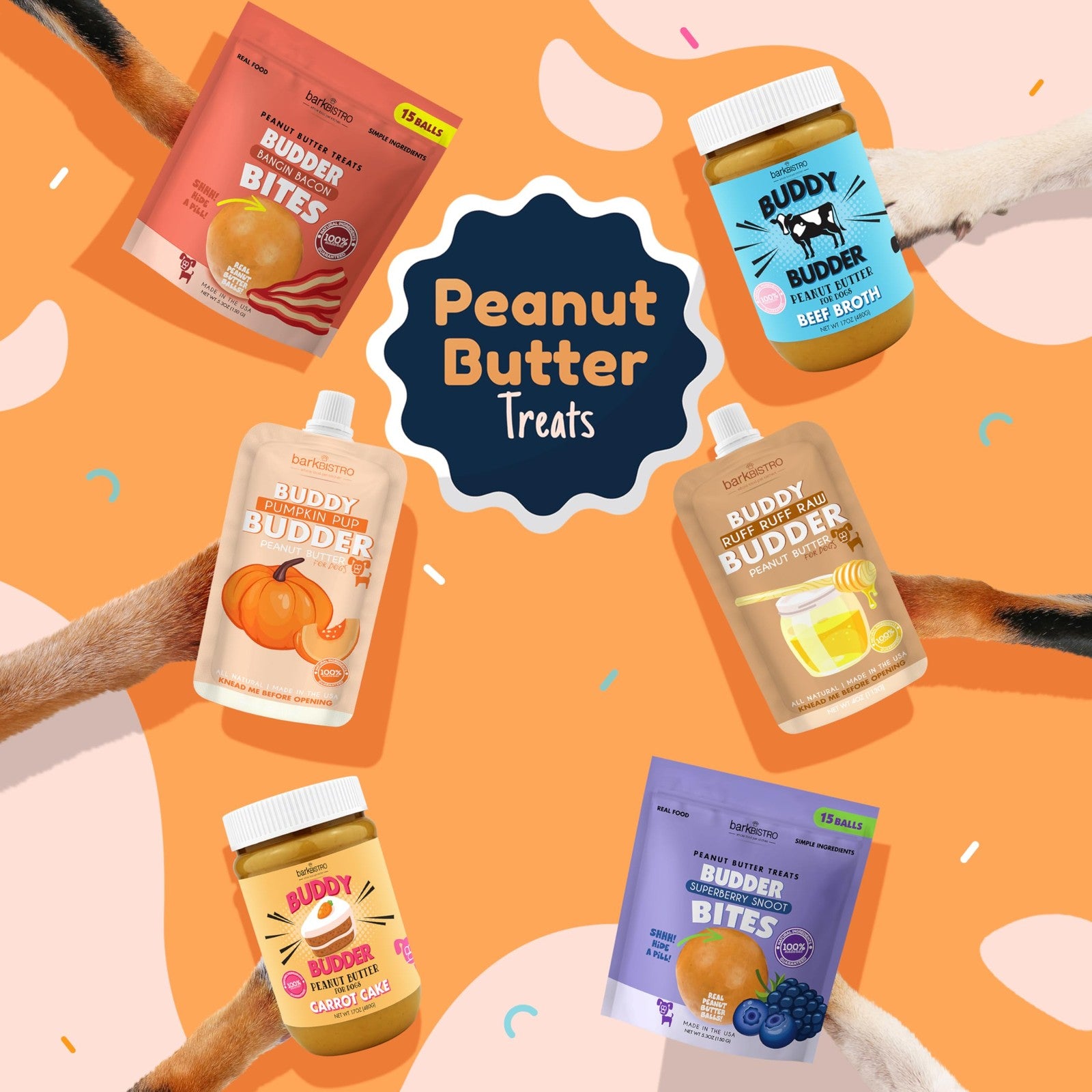 Blue dog enrichment mat with Superberry Snoot and Pumpkin Pup treats from BUDDY BUDDER, featuring colorful, textured fabric for interactive play.