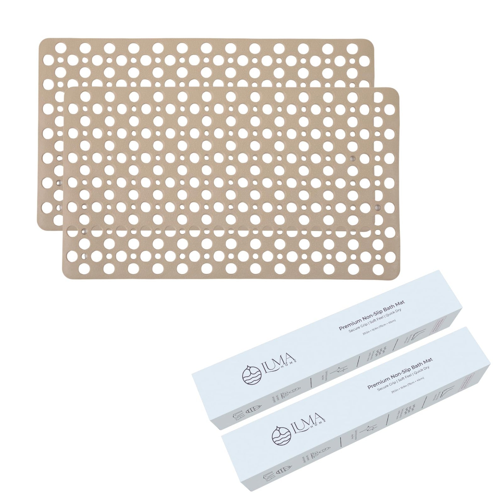 LUMA HOME beige non-slip shower and bathtub mat with strong suction cups, made of TPE for safety and comfort.
