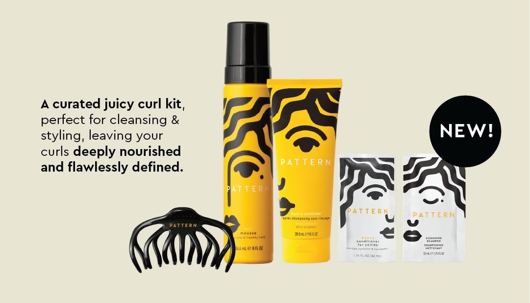 PATTERN Beauty Juicy Curl Kit for curly and coily hair 3a-4c, featuring products for defining and nourishing curls and coils