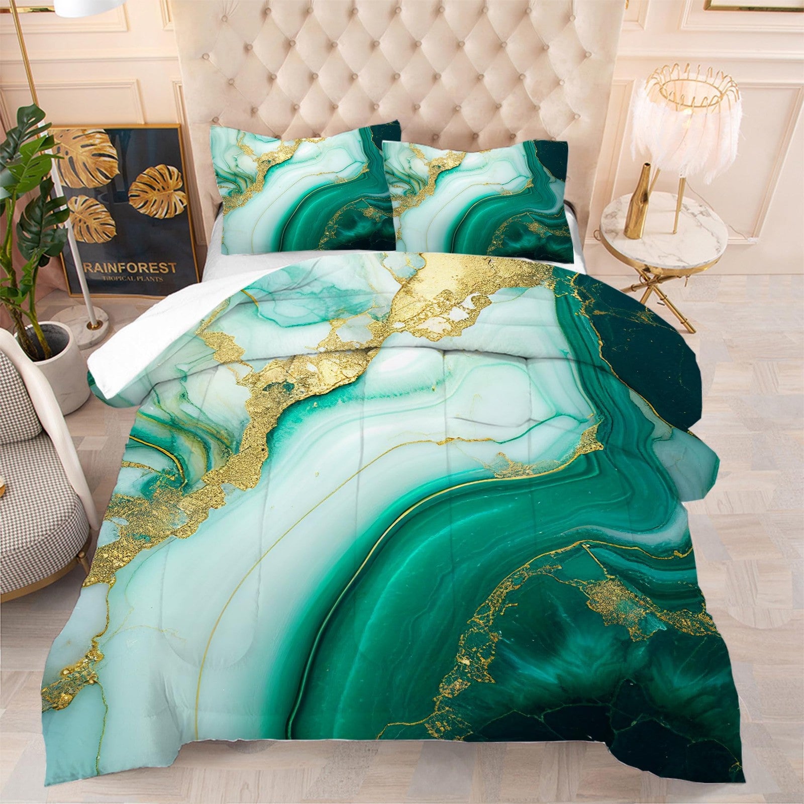 EDGZKO king size comforter set in emerald green with gold glitter marble pattern, featuring a luxurious and stylish bedding design.
