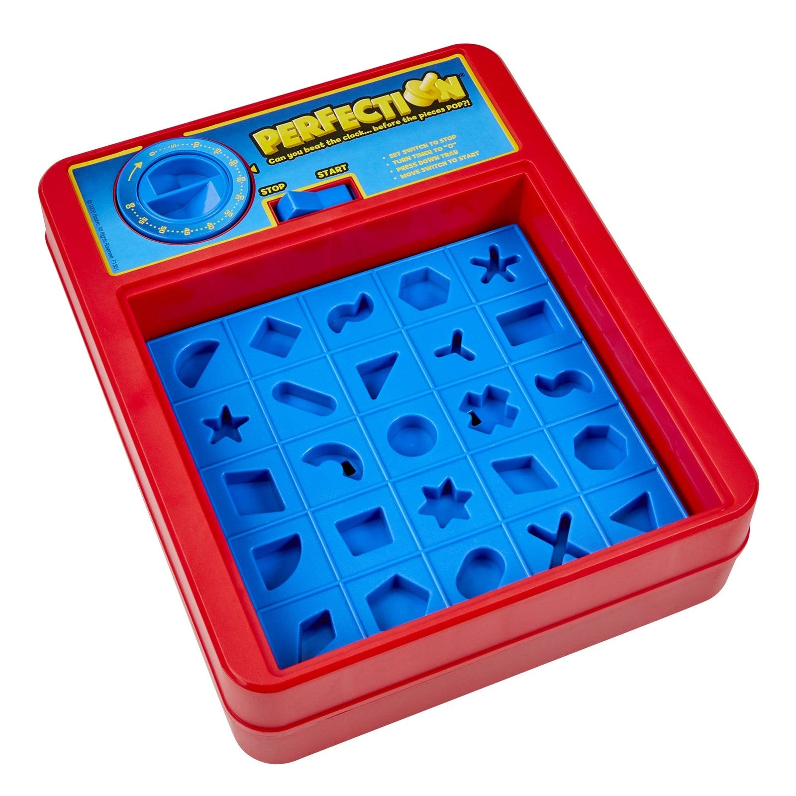 Unbranded Perfection Plus 2-Player Duel Mode game with colorful popping shapes and game pieces for ages 8 and up.