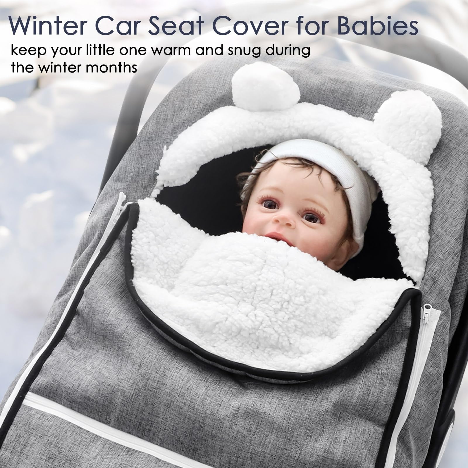CARUILI winter car seat cover for baby girl and boy, plush, super warm, windproof car seat cover with cozy fabric for cold weather.
