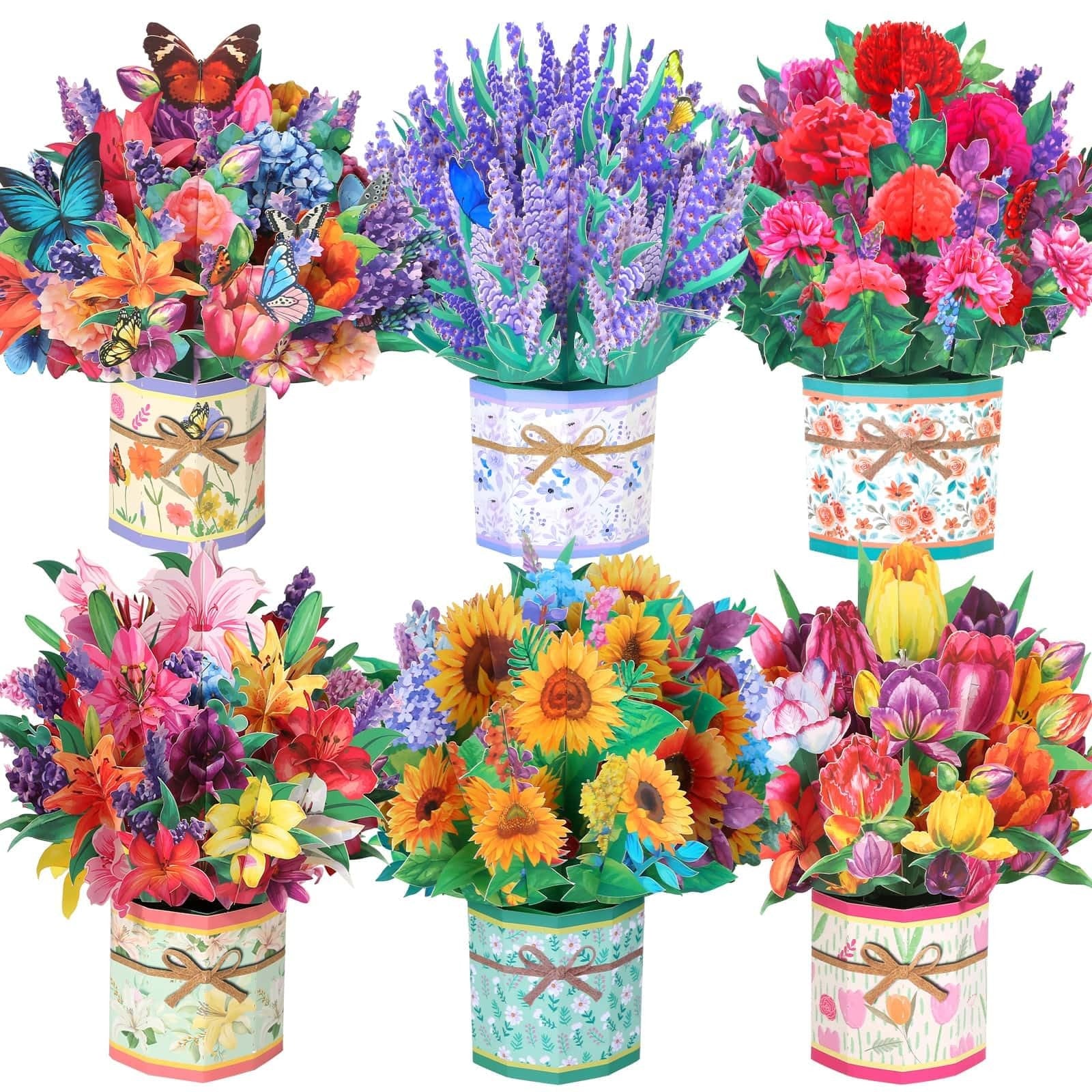 Six Caffox paper flower pop-up cards featuring 3D floral bouquets, perfect for greeting or special occasion cards.